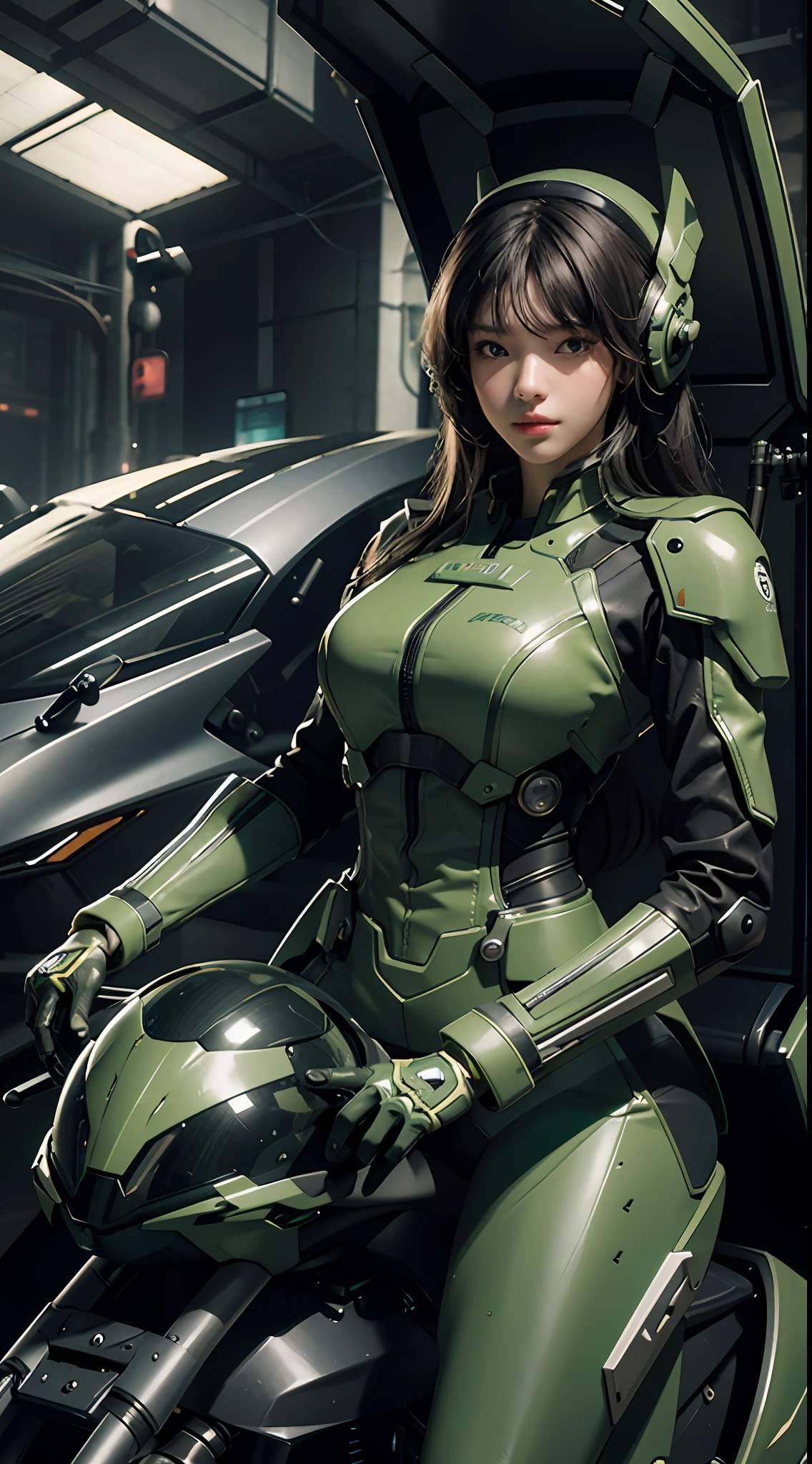 Highest image quality, outstanding details, ultra-high resolution, (realism: 1.4), the best illustration, favor details, highly condensed 1girl, with a delicate and beautiful face, dressed in a black and green mecha, wearing a mecha helmet, holding a directional controller, riding on a motorcycle, the background is a high-tech lighting scene of the future city. surreal illustration, surreal rendering, clean digital rendering, photo realistic rendering, product design concept, surreal illustration