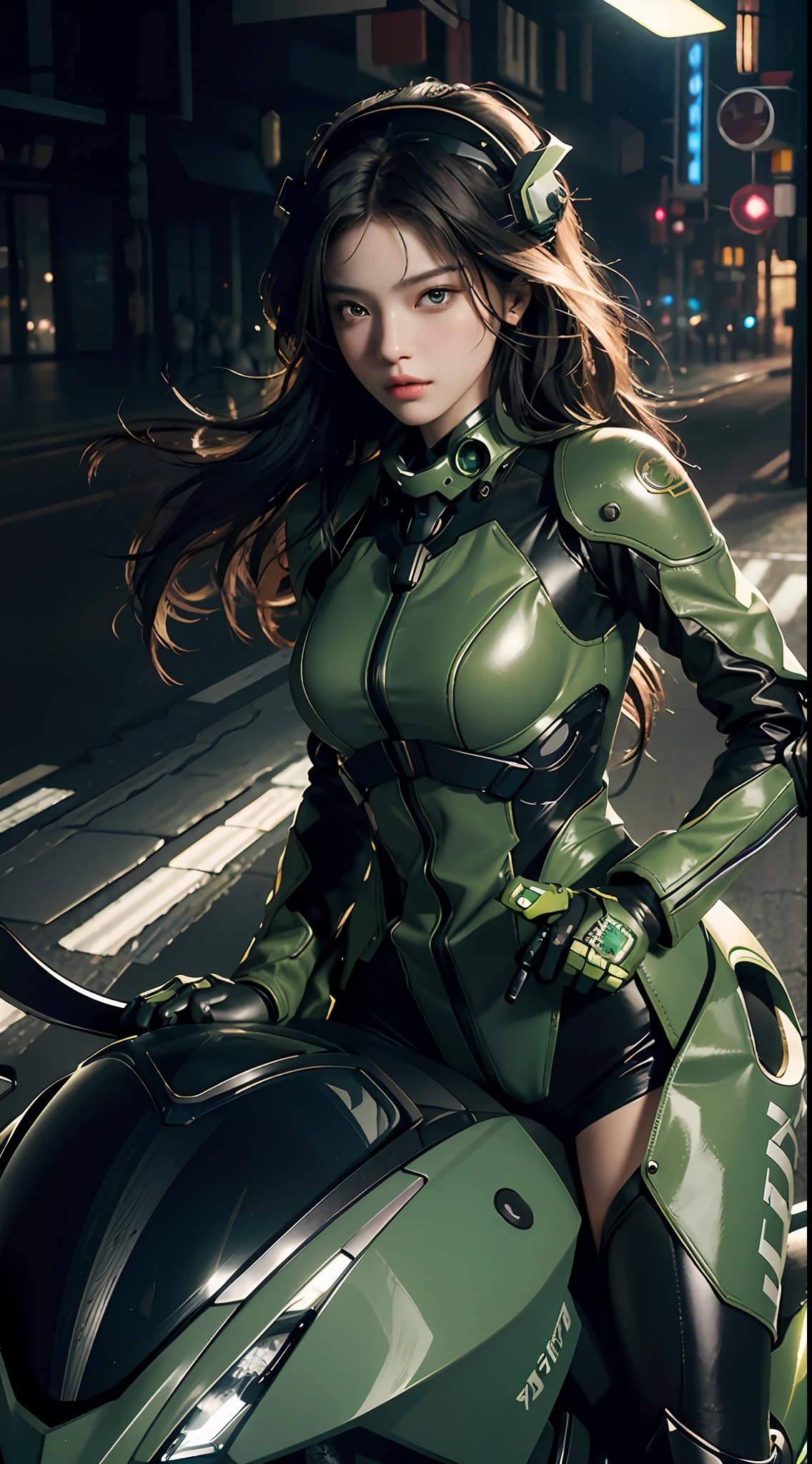 Highest image quality, outstanding details, ultra-high resolution, (realism: 1.4), the best illustration, favor details, highly condensed 1girl, with a delicate and beautiful face, dressed in a black and green mecha, wearing a mecha helmet, holding a directional controller, riding on a motorcycle, the background is a high-tech lighting scene of the future city. surreal illustration, surreal rendering, clean digital rendering, photo realistic rendering, product design concept, surreal illustration