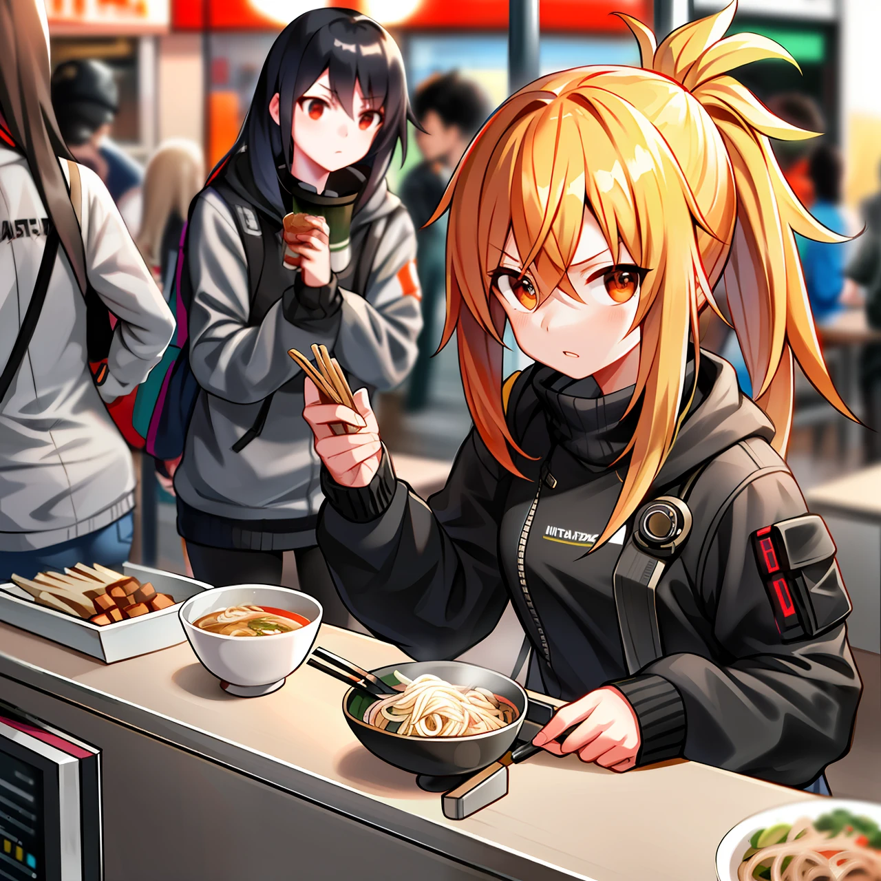 gritty raw street photography, ultra high detail sharp focus photo, plain clean earthy young female hacker, matrixpunk tightdress, eating noodles in a busy crowded street diner, working hard,