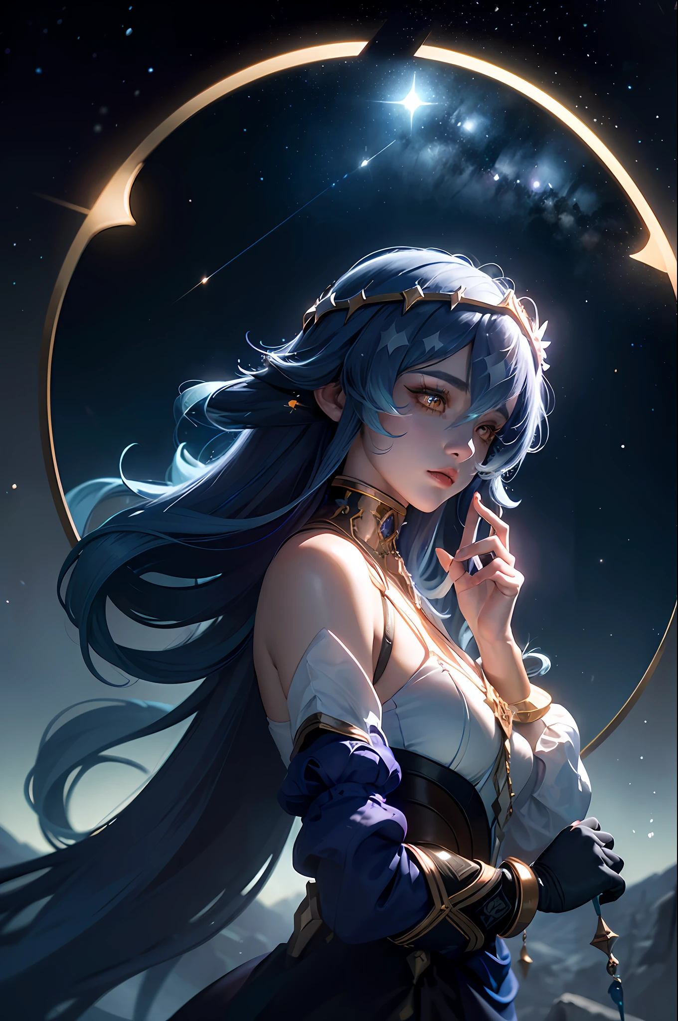 (Masterpiece:1.2), best quality, (night sky, wery long blue hair:1.2),(illustration:1.2), beautiful scenery, scared,(Masterfully crafted Glow, lens flare), (ultra-detailed), hyper details, (delicate detailed), (intricate details), (cinematic light, best quality Backlights), clear line, new world, viewer, solo female, perfect body, (1female), (Bright bioluminescent hair  hair, bright glowing eyes), (Dynamic:1.3), ((makeup)), high contrast, (best illumination, an extremely delicate and beautiful), ((cinematic moonlight)), colourful, ((Photoshop Pastel Painting:1.1)), ethereal, (Cinematic masterpiece),suspense,  splashes of colour, absolutely eye-catching, ((caustic)), dynamic angle ,beautiful (detailed glow), (eerie),(Intricate Detailed Cinematic Scenery Behind:1.2),ambient occlusion, (ambient moonlight), ray-traced reflections, intricately detailed visible background, outside at night looking at the stars