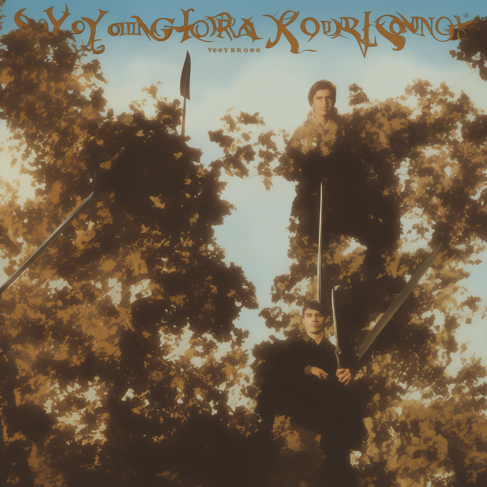 1 young man in front of sword hand album cover style, brown tone