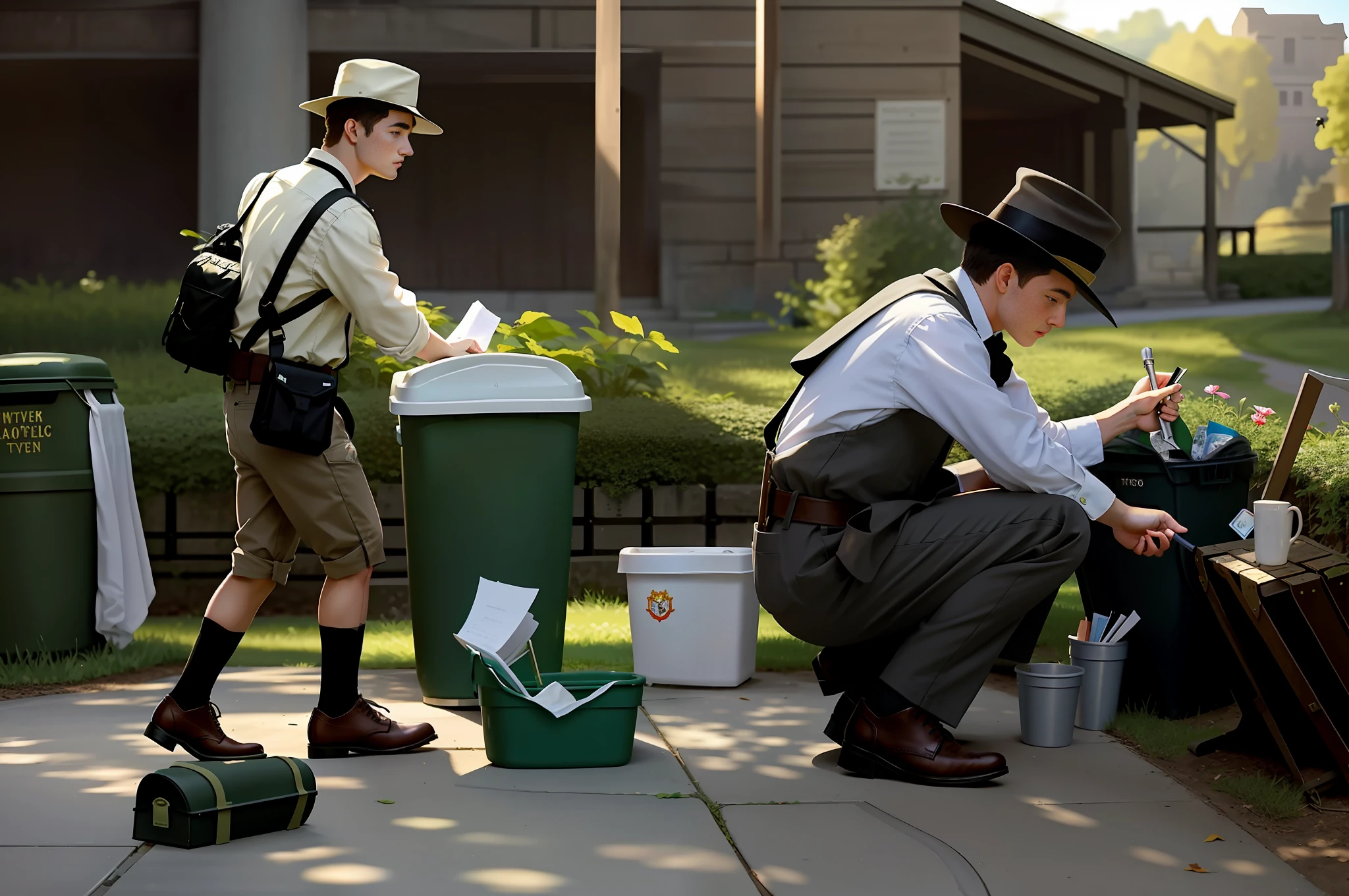 Next to the two-person trash can, the time traveler appears in the park, history repeats itself, 20-year-old Jacob Galmain, Norman Rockwell style, professional masterpiece, garden dwarf war, inspired by the Egg-Lienz Legion fortress style, Oscar Lucy, light through the leaves, emphasizing the time traveler