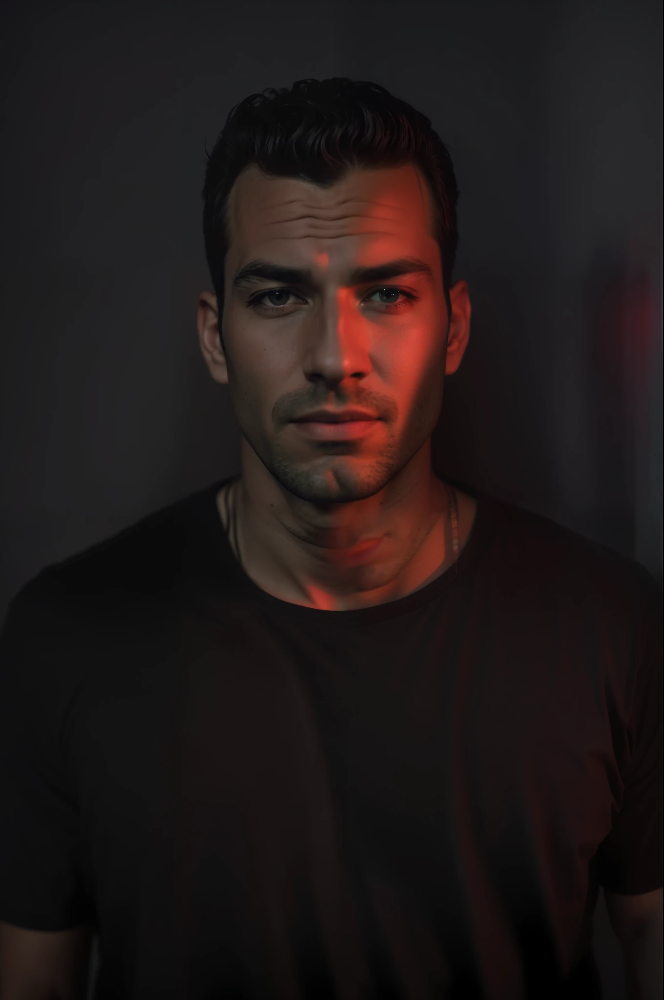 arafed man in black shirt with red light on his face, portrait soft low light, medium portrait soft light, shot at dark with studio lights, portrait shot 8 k, cinematic headshot portrait, mid shot portrait, headshot portrait, portrait soft light, soft portrait shot 8 k, moody dim lighting, realistic face moody lighting, editorial portrait