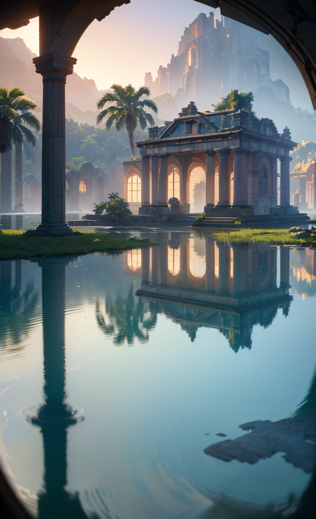(8k, RAW photo, best quality, masterpiece:1.2), (realistic, photo-realistic:1.37), octane render, ultra high res, ultra-detailed, professional lighting, photon mapping, radiosity, physically-based rendering, ue5, ((island sanctuary)), ((ancient fallen kingdom)), ((reflections in water)), ((raytracing)), ((drowned city))