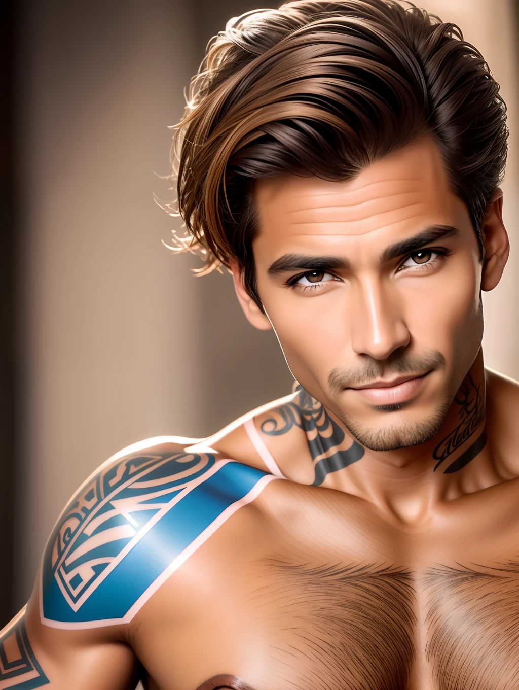 A Brazilian male fashion super model 45 years old, tanned, tattooed, [[[[closeup]]]], [[[[?????]]]], [[[[neck]]]], [[[[shoulders]]]], perfect honey eyes, perfect iris, perfect lips, perfect teeth, perfect skin, short messy hair, soft front light, glow, HDR, (muted colors:1.2)
