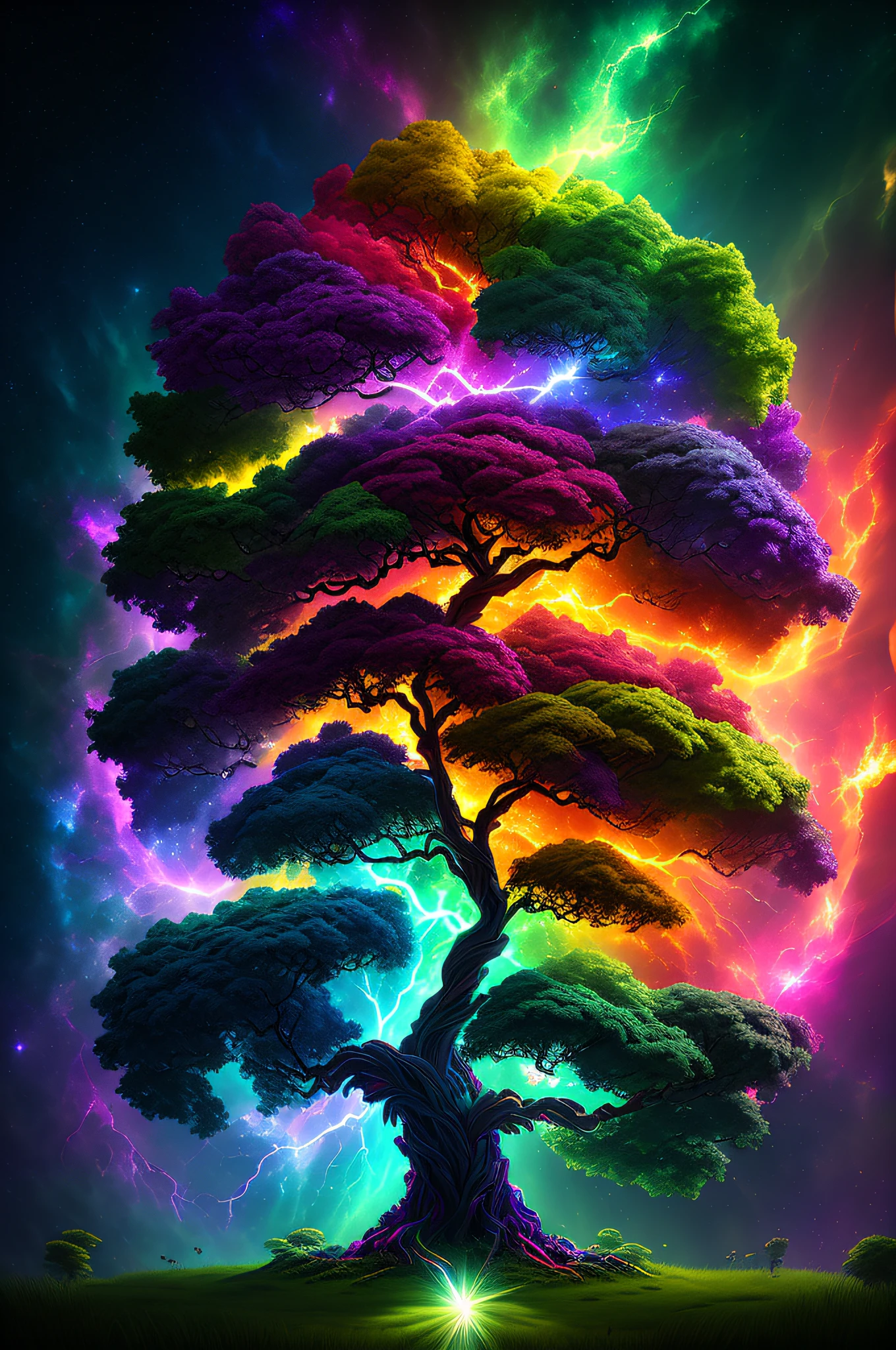 Masterpiece,
The birth of Creation, a leafy Tree with energetic and colorful streams of light in an epic galactic sky, with professional color grading, soft shadows, no contrast, clean sharp focus, cinema film photography, hyper realistic :: nebula::1 wide angle lens::1 defocus::
UHD, HDR, 16K