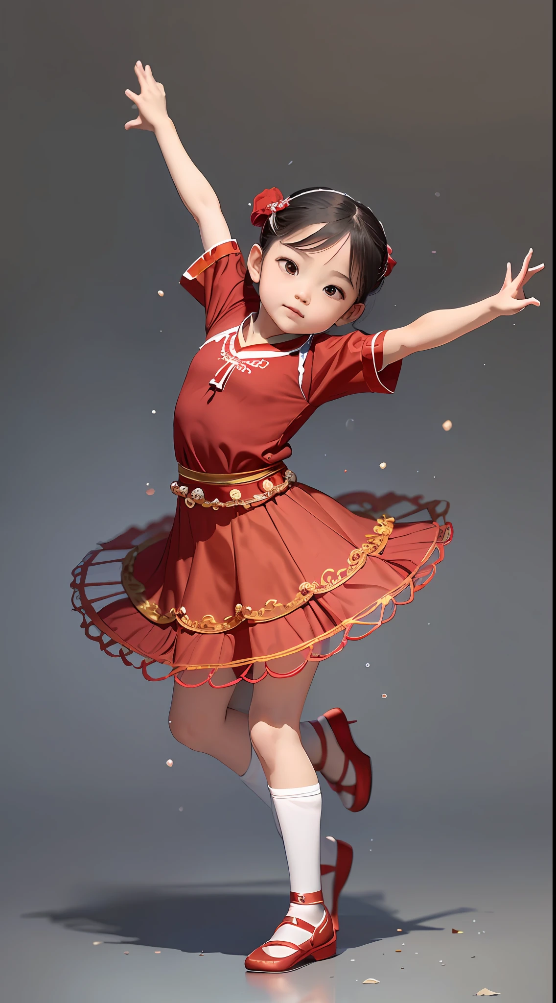there is a child in red shirt and brown skirt posing, dressed as a ballerina, dancing character, playful pose of a dancer, traditional costume, traditional dress, tai costume, playful kawaii pose of a dancer, inspired by Shang Xi, inspired by Ni Duan, twirling, an artistic, folkloric pose, inspired by Miao Fu --auto --s2