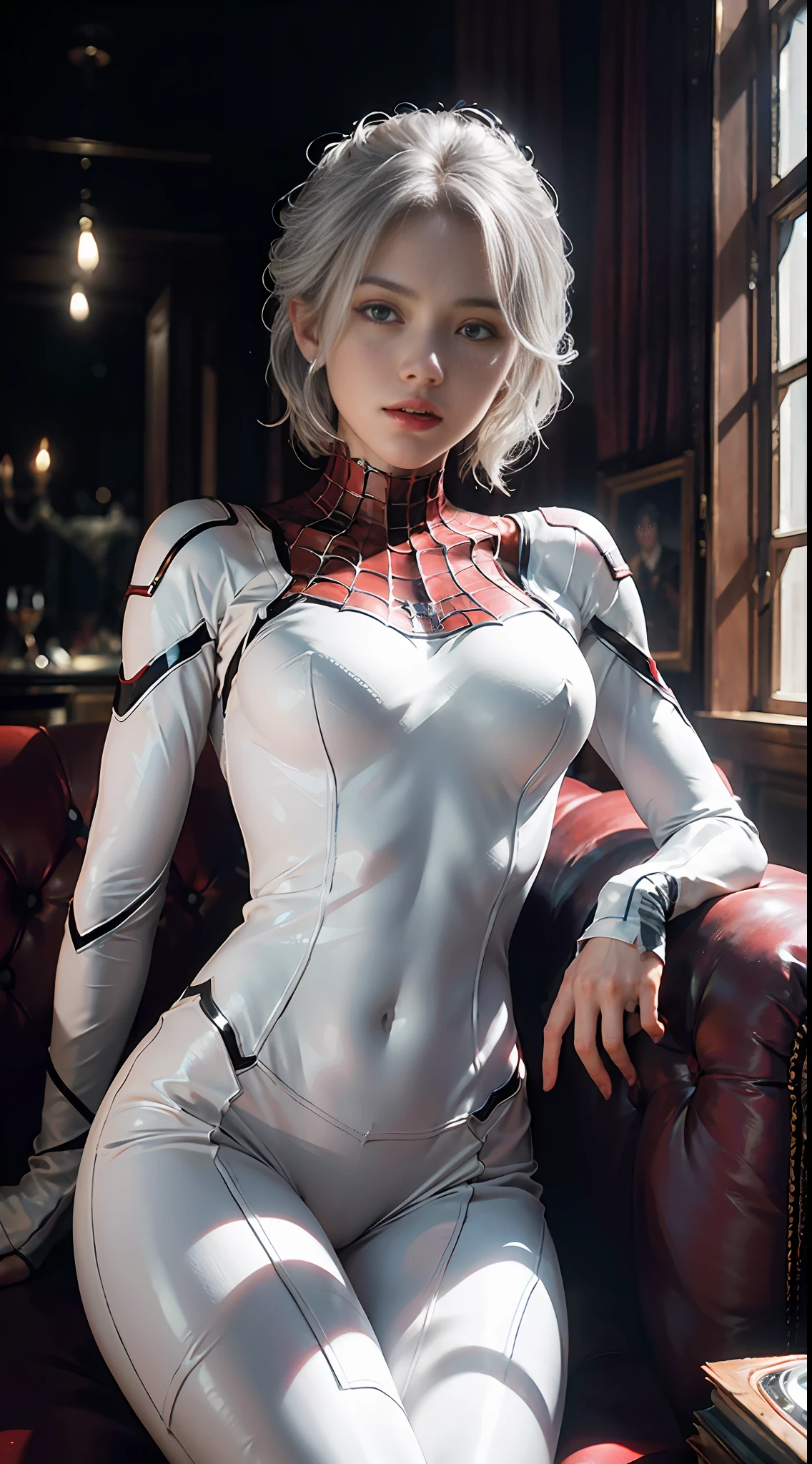 (Extreme Detail CG Unity 8K wallpaper, masterpiece, highest quality), (Exquisite lighting and shadow, highly dramatic picture, Cinematic lens effect), a girl in a white Spider-Man costume, silver gray hair color, from the Spider-Man parallel universe, Wenger, Marvel, Spider-Man, sitting on the couch, dynamic pose), (excellent detail, excellent lighting, wide angle), (excellent rendering, enough to stand out in its class), focus on white Spider-Man costumes, complex spider textures