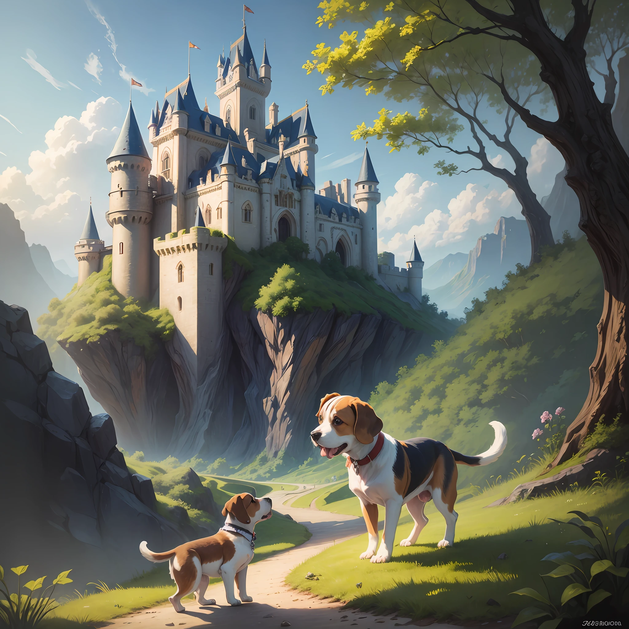 Puppy beagle dog barking at a castle in a gorgeous Magic Grove --auto --s2