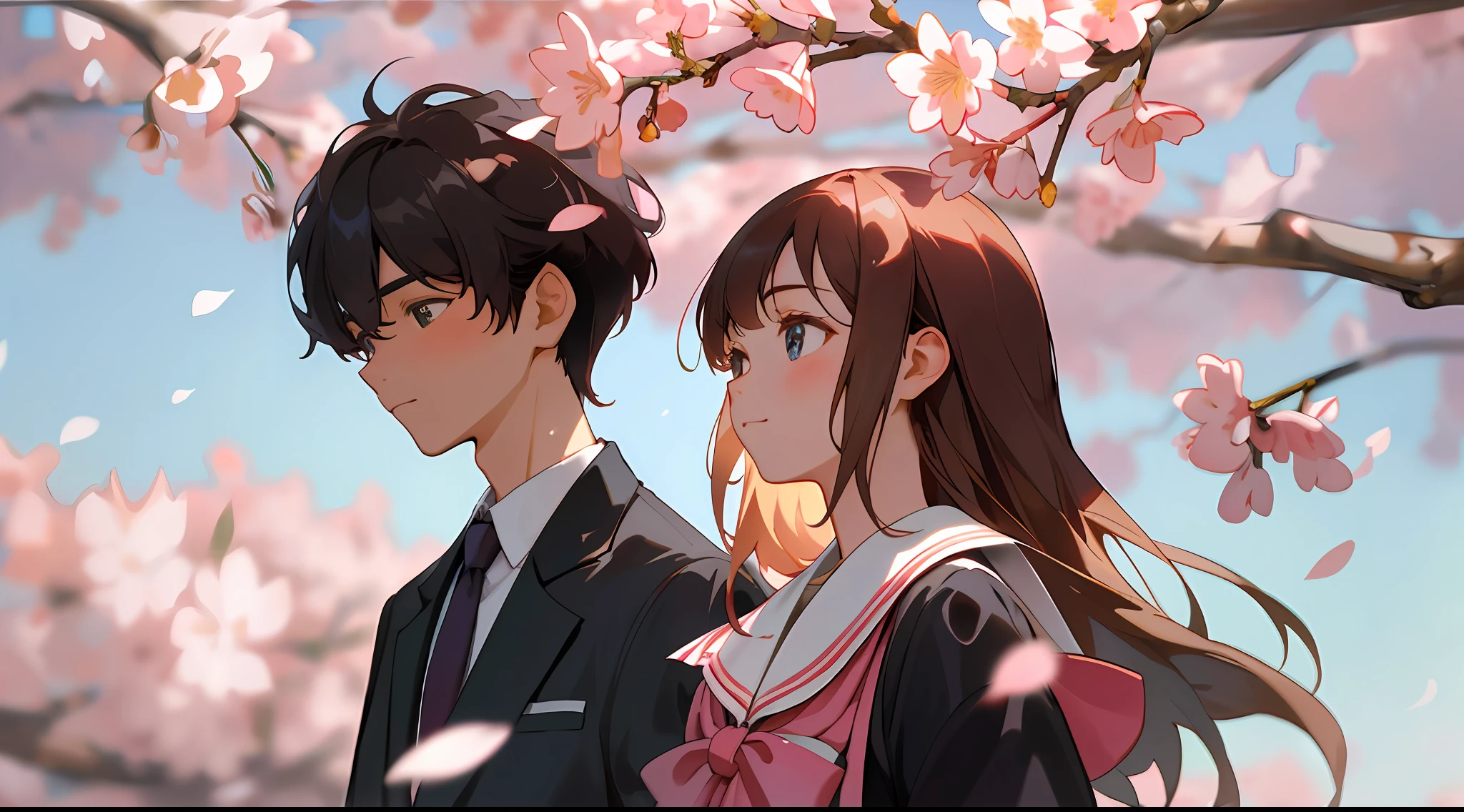 Masterpiece, Best Quality, Ultra Detailed, CG, Film Angle, Close-up, Upper Body, Portrait of People, Delicate Eyes, A Boy and a Girl, Couple, Student Uniform, JK, Walk Side by Side, Walk Together, Walk Under the Cherry Blossom Trees, Cherry Blossoms, Petals