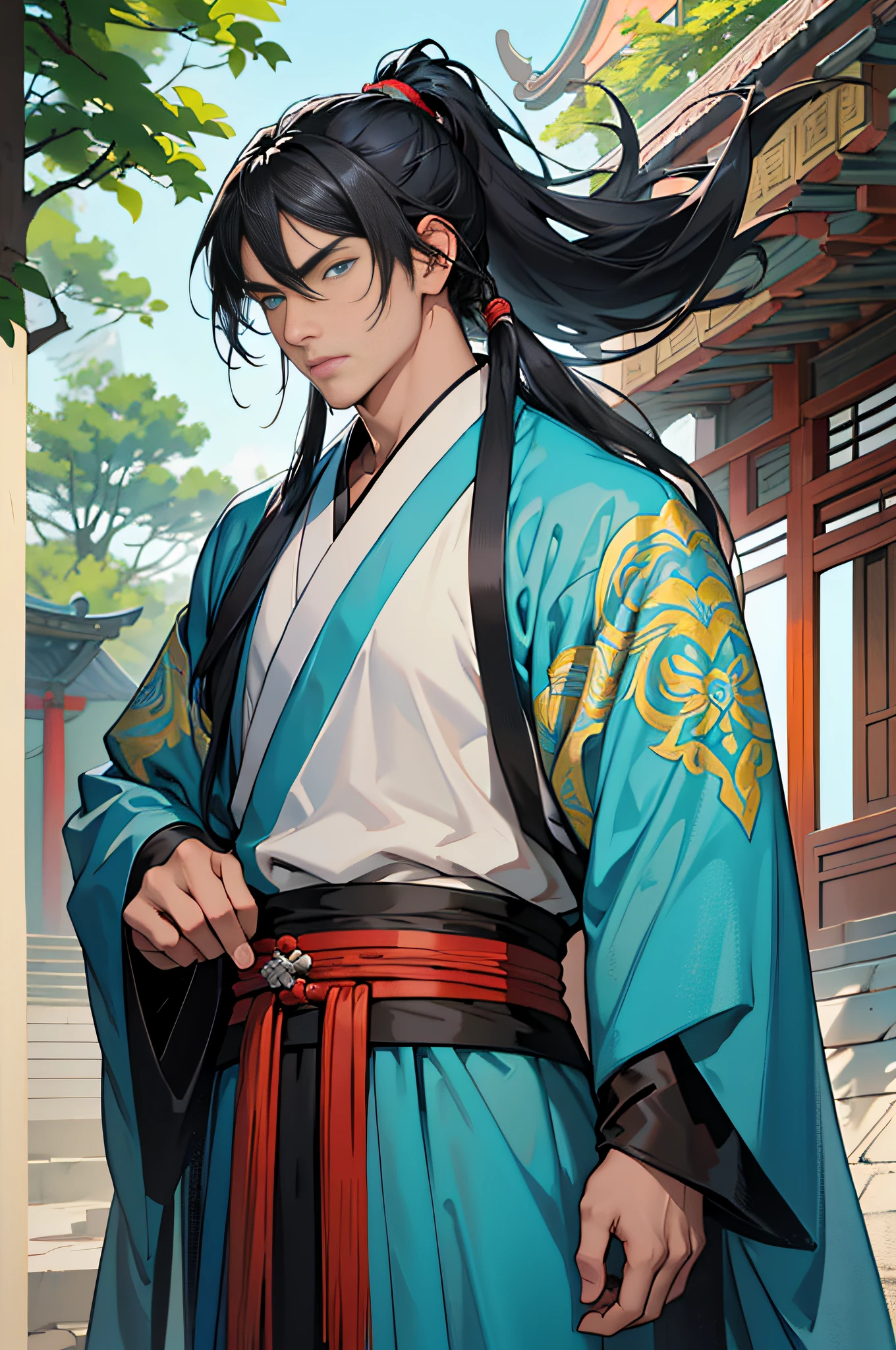Masterpiece, Superb Style, Two Men, Chinese Style, Ancient Chinese, Black Hair, Gray and Blue Eyes, Split Hair, Long Hair, Long Bangs, High Ponytail, Handsome, Masculine, Gentle, Tall, Quiet, Cyan Robe, Outdoor, Wind Comfort, Young Man, Sad, Posture, (Hanfu, Ming Style), (Ming Architectural Background)
