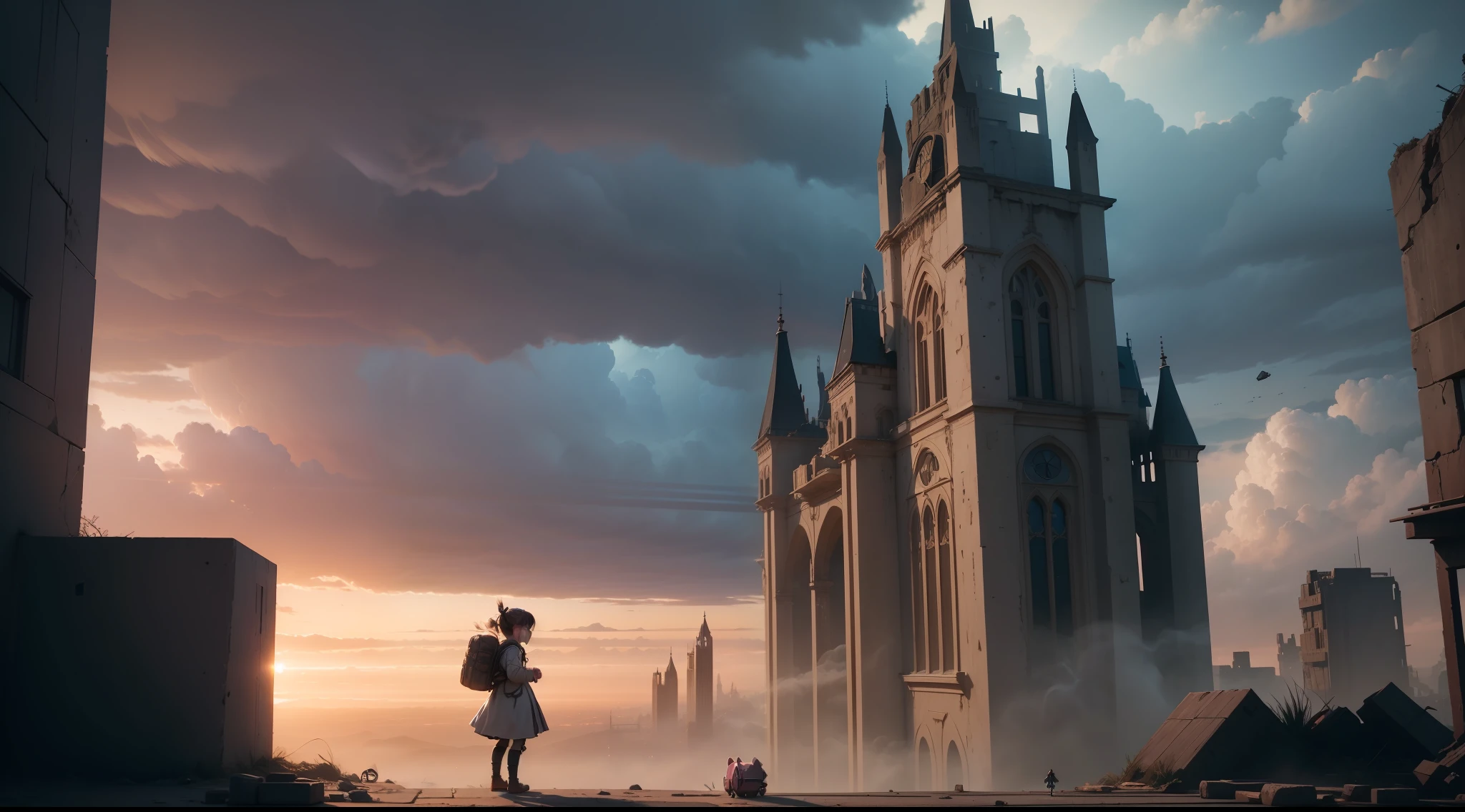 /imagine prompt: illustration of The is holding a flying backpack, and a little pig is putting on a flying backpack ,A beautiful little girlpig ears::15, A flying backpack with long wings::15, The laboratory is messy::11, rule of thirds composition::5, profle::10, Unreal Engine::10, beautiful lighting::10, Dramatic light::8, Cinematic light::12, Fantasy::12, hyper quality::5, Apocalypse Ruins::10, Steampunk::13, cinematic::6 --seed 33434521 --s 400 --q 2 --c 40