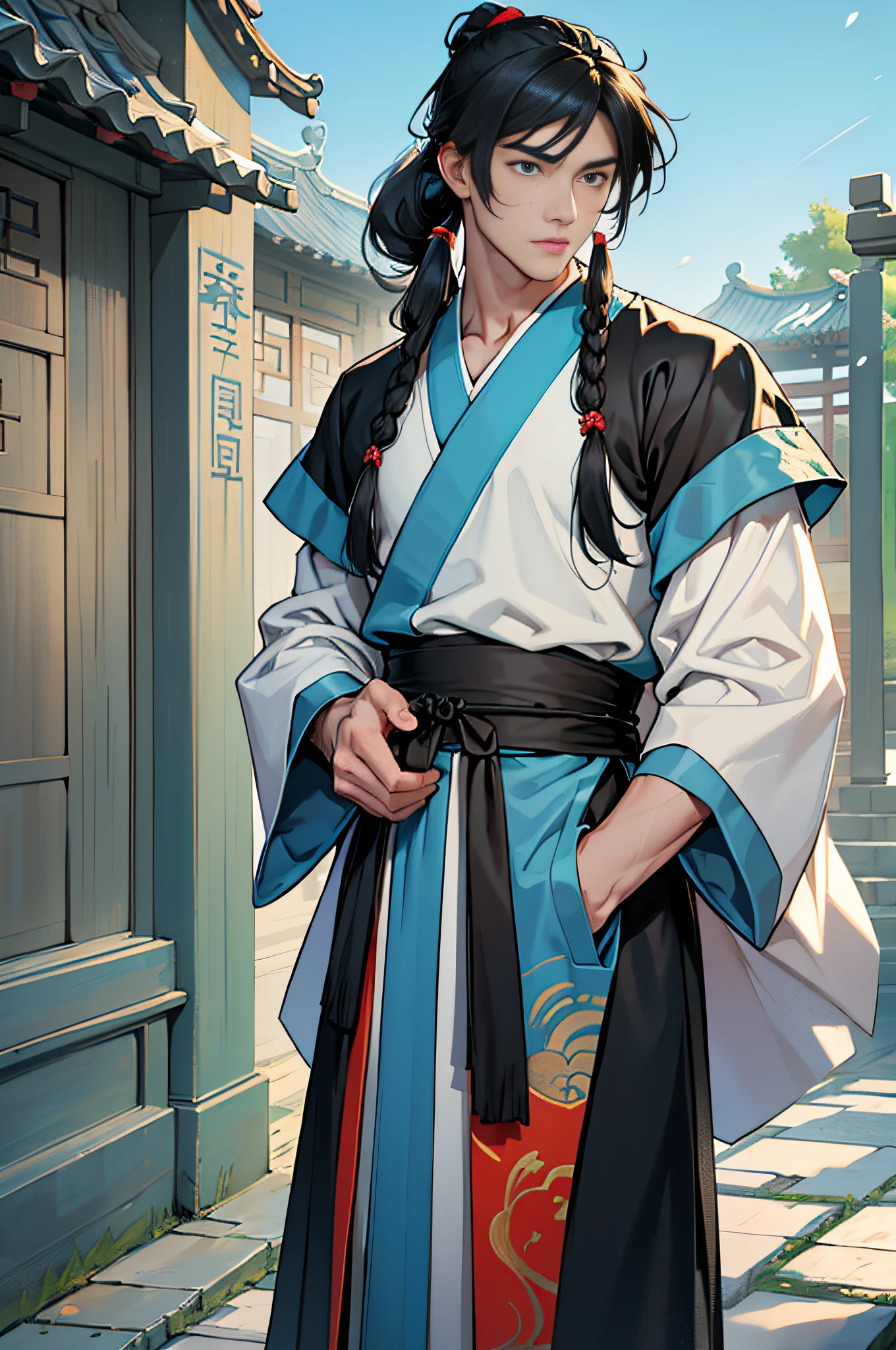 Masterpiece, Superb Style, Two Men, Chinese Style, Ancient Chinese, Black Hair, Gray and Blue Eyes, Split Hair, Long Hair, Long Bangs, High Ponytail, Handsome, Masculine, Gentle, Tall, Quiet, Cyan Robe, Outdoor, Wind Comfort, Young Man, Sad, Posture, (Hanfu, Ming Style), (Ming Architectural Background)