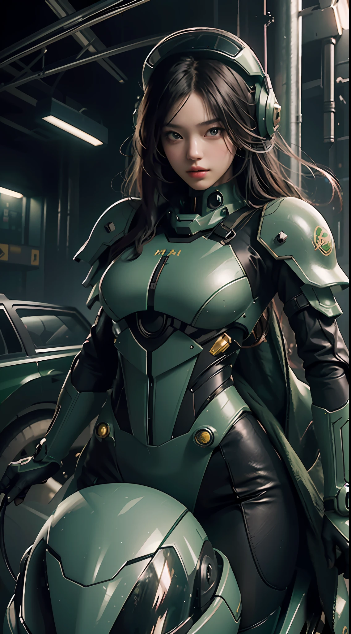 Highest image quality, outstanding details, ultra-high resolution, (realism: 1.4), the best illustration, favor details, highly condensed 1girl, with a delicate and beautiful face, dressed in a black and green mecha, wearing a mecha helmet, holding a directional controller, riding on a motorcycle, the background is a high-tech lighting scene of the future city. surreal illustration, surreal rendering, clean digital rendering, photo realistic rendering, surreal illustration