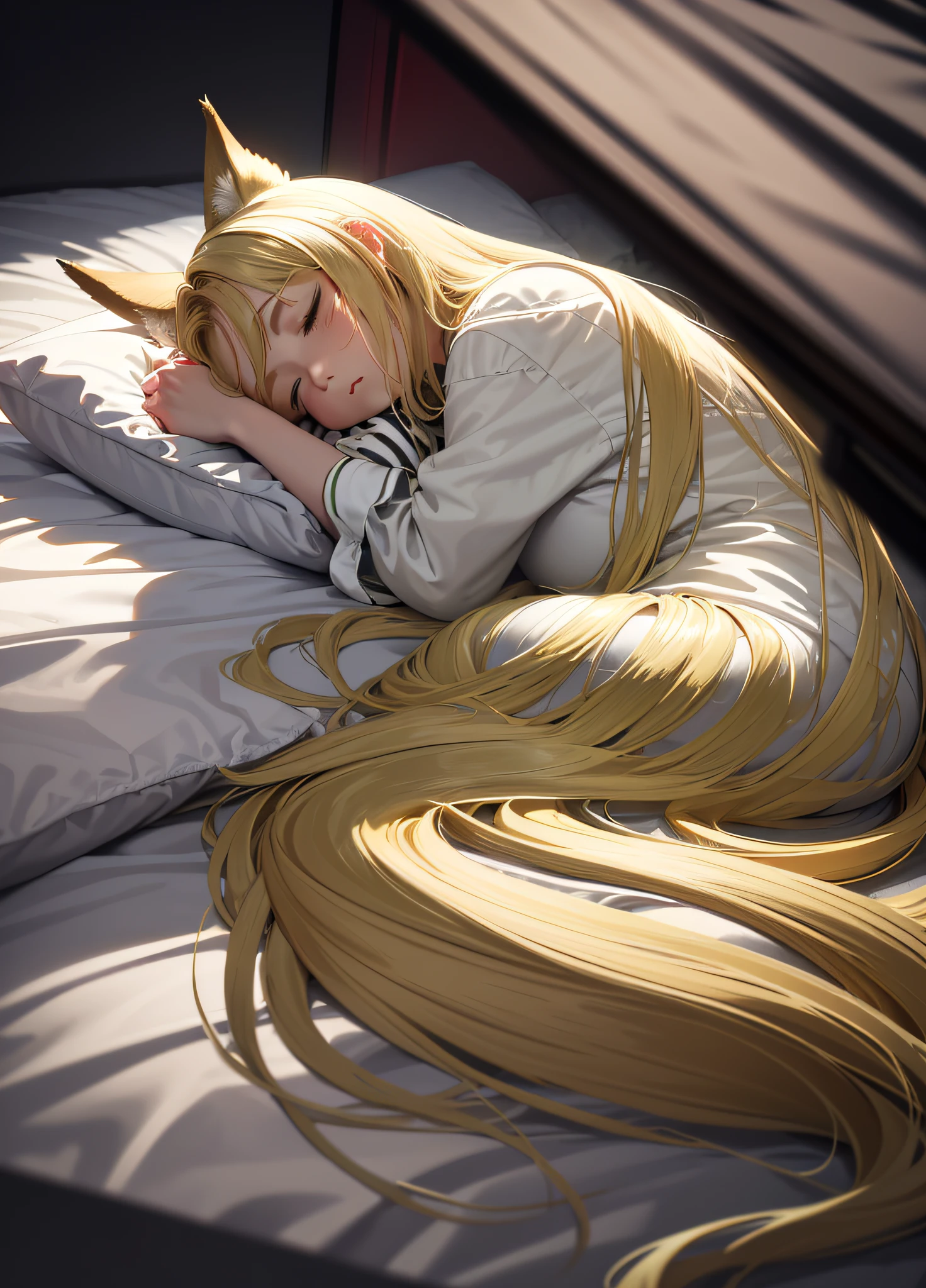 Masterpiece, (highest quality), Alone, (Young Woman), Solo, Blonde Long Straight Hair, Big, Dog Ears, (Golden Eyes), (Pajamas with green and white stripes), Barefoot, (Red cheeks), (Sleeping with eyes closed)), Sweating a lot, (Lying face down), Face on pillow, Sleeping profile, (((Very dark)), (((Midnight Room))), On the bed