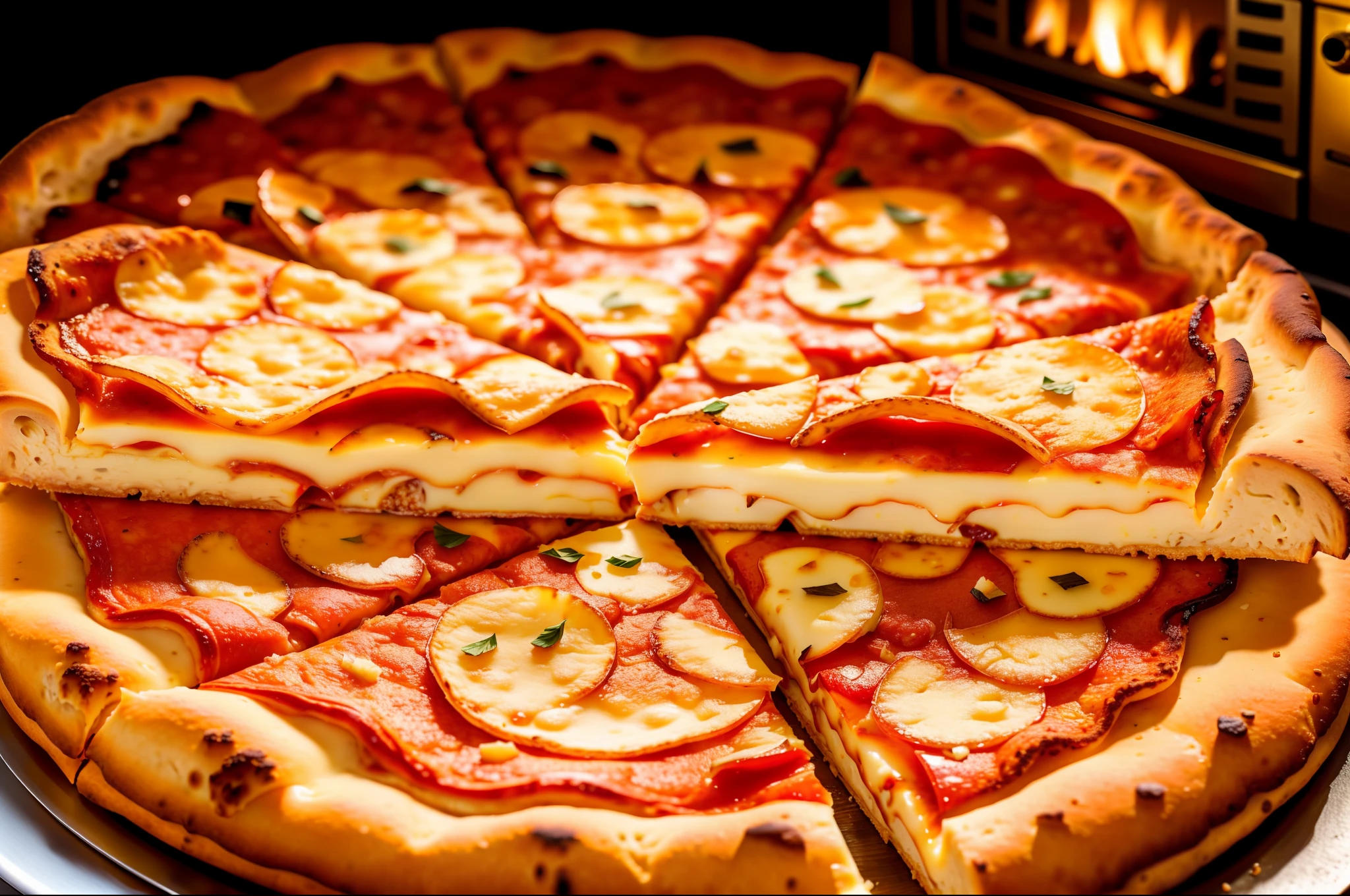 Macro photo of a slice of delicious cheese pizza in front of a stone oven, closeup, fire oven, light it fire, food photography, advertising photography, macro crisp quality, warm colors, soft light, extremely detailed, beautiful, establishing shot, artistic, hyperrealistic, octane render, cinematic lighting, dramatic lighting, masterpiece, light brazen, extremely detailed