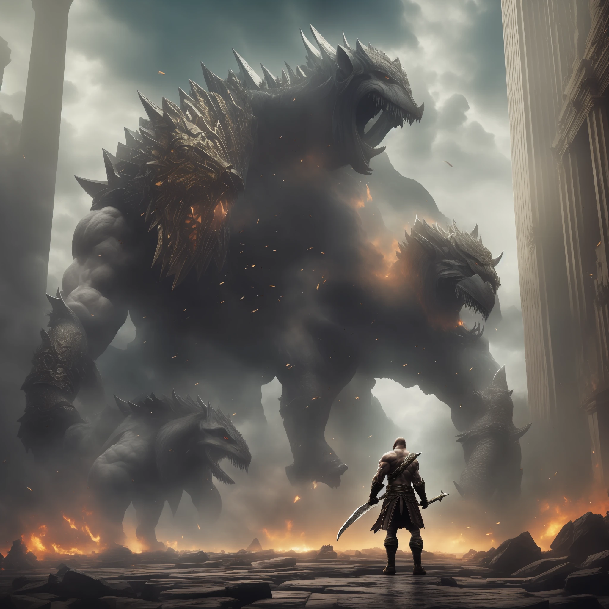 A monumental confrontation between Kratos and a colossal creature, portrayed in a grand and epic art style. The artwork evokes a sense of awe and scale, with dramatic lighting emphasizing the intensity of the battle. Sticker, T-shirt design graphic, vector, grunge frame, white background. --auto --s2