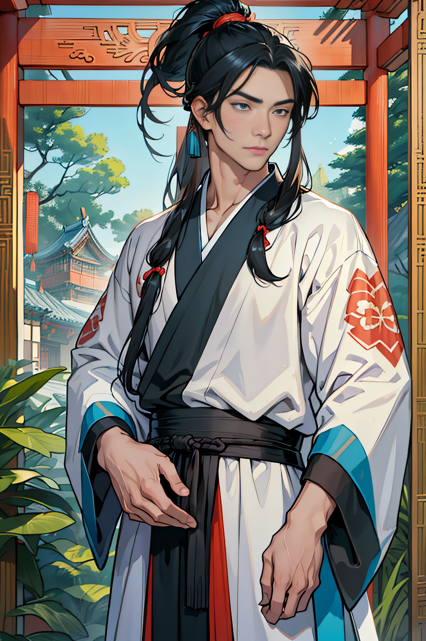 Masterpiece, Superb Style, Two Men, Chinese Style, Ancient Chinese, Black Hair, Gray and Blue Eyes, Split Hair, Long Hair, Long Bangs, High Ponytail, Handsome, Masculine, Gentle, Tall, Quiet, Cyan Robe, Outdoor, Wind Comfort, Young Man, Sad, Posture, (Hanfu, Ming Style), (Ming Architectural Background)