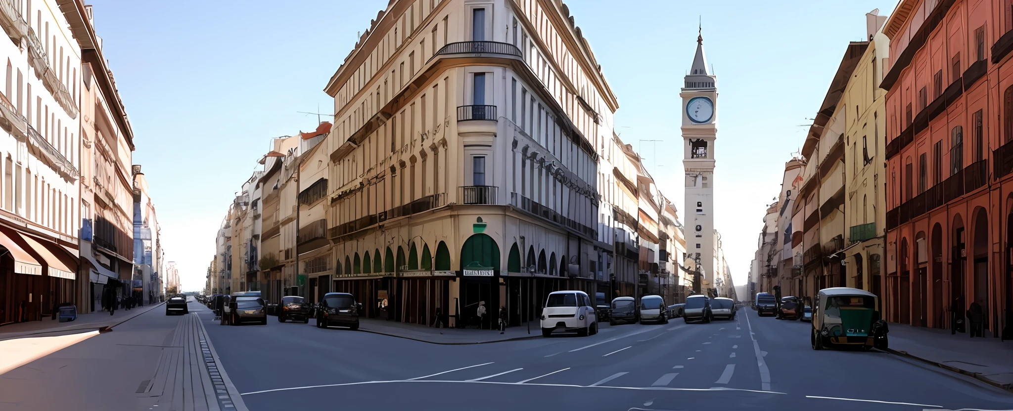 create the destroyed avenue, with dirty street on the avenue of a city similar to the center of Argentina with modern buildings of the year 2023 and cars models of 2023 spoiled stopped and broken and at the end of the avenue the clock tower, showing the abandonment of the city