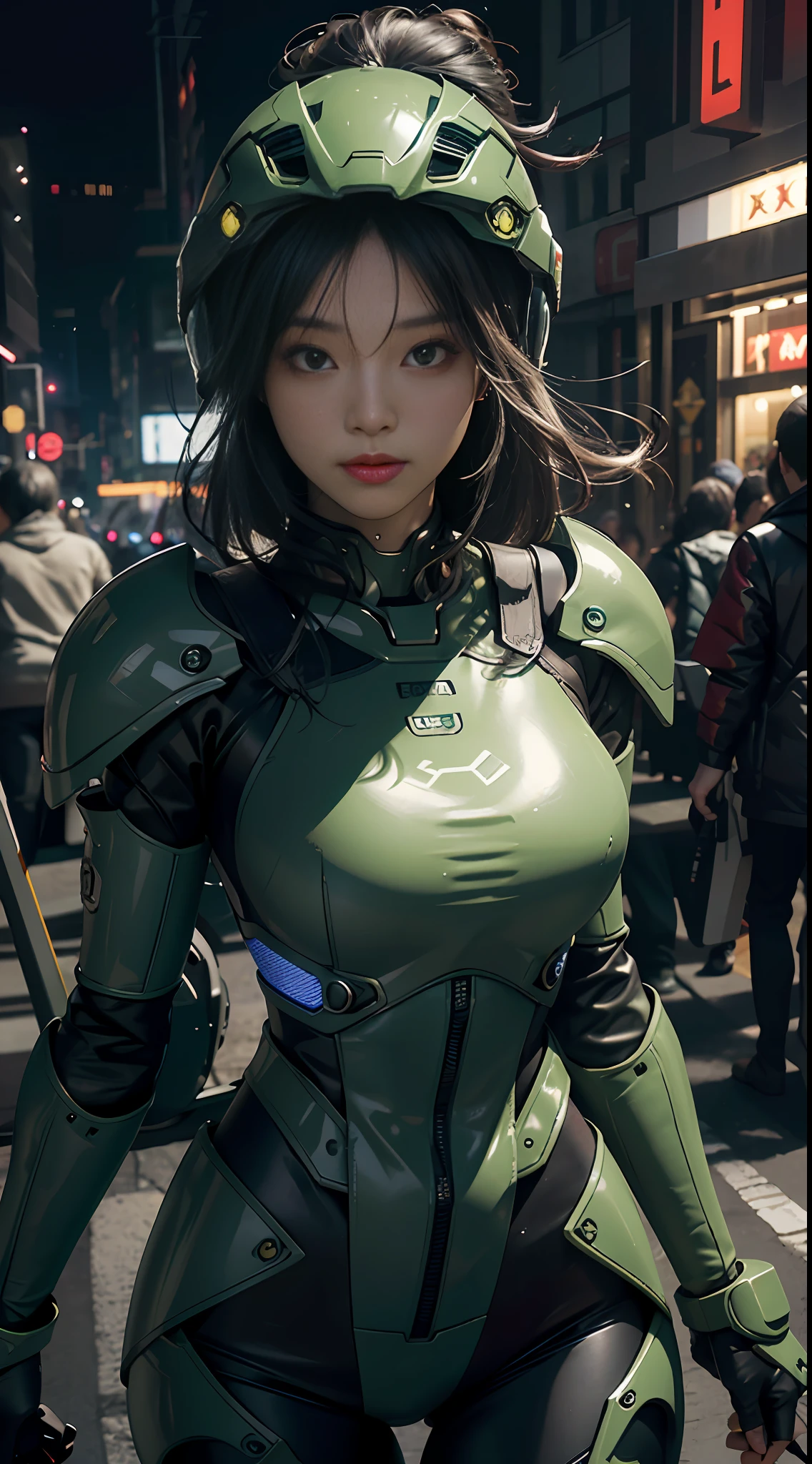 Highest image quality, outstanding details, ultra-high resolution, (realism: 1.4), the best illustration, favor details, highly condensed 1girl, with a delicate and beautiful face, dressed in a black and green mecha, wearing a mecha helmet, holding a directional controller, riding on a motorcycle, the background is a high-tech lighting scene of the future city. surreal illustration, surreal rendering, clean digital rendering, photo realistic rendering, surreal illustration