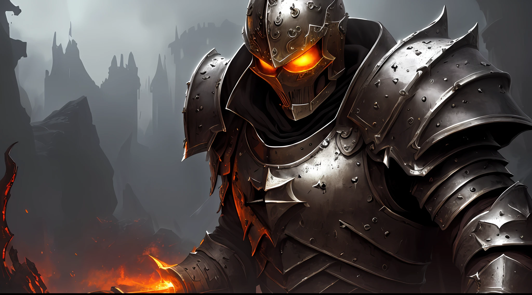 (8k unit wallpaper CG extremely detailed, masterpiece, best quality, ultra-detailed), ((solo)), a dark medieval paladin and with rusty armor and skeletal arm, looking at the viewer (upper body: 1.3), (dynamic angle, dark eyes deep), (on a background of a dungeon), cinematic light, edge lighting, better shadow