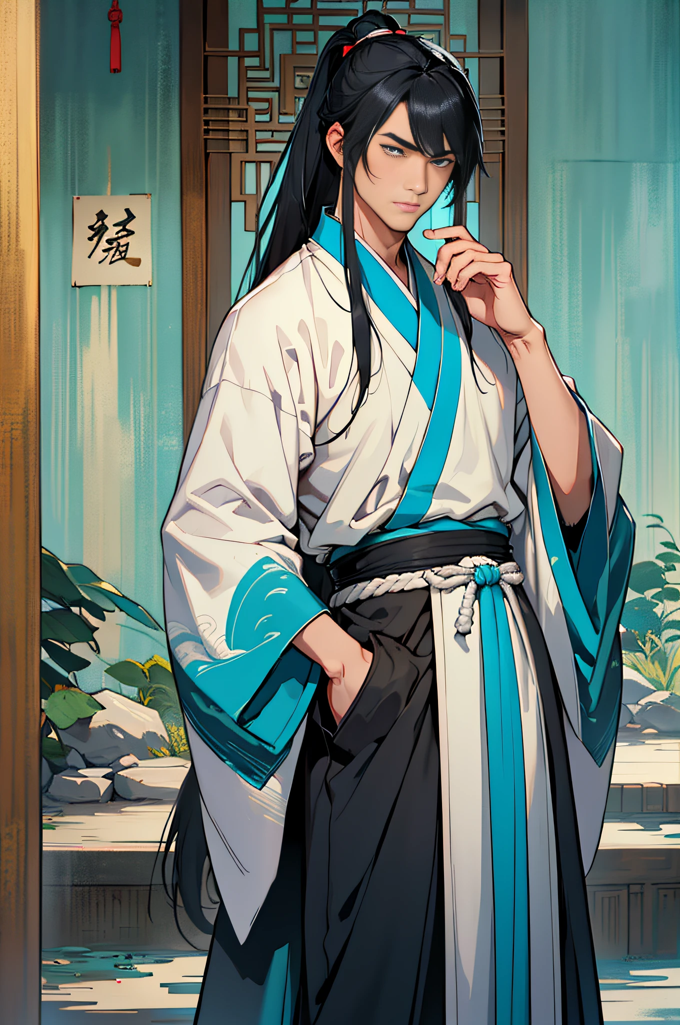 Masterpiece, Superb Style, Two Men, Chinese Style, Ancient Chinese, Black Hair, Gray and Blue Eyes, Split Hair, Long Hair, Long Bangs, High Ponytail, Handsome, Masculine, Gentle, Tall, Quiet, Cyan Robe, Outdoor, Wind Comfort, Young Man, Sad, Posture, (Hanfu, Ming Style), (Ming Architectural Background)