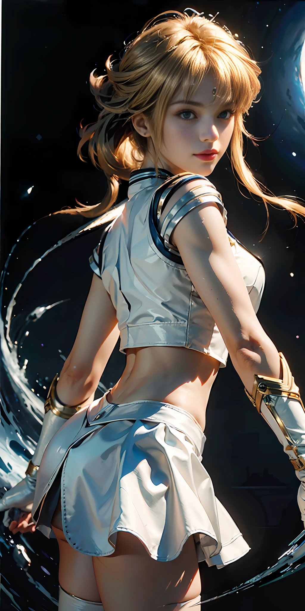 (Extreme Detail CG Unity 8K wallpaper, masterpiece, highest quality), (exquisite lighting and shadow, highly dramatic picture, Cinematic lens effect), (Sailor Moon: 1.1), charming smile, double tails, blue eyes, blonde hair, tight top, white gloves, mini skirt, looking back, dynamic pose), the background is the universe (excellent detail, excellent lighting, wide angle), (excellent rendering, enough to stand out in its class),
