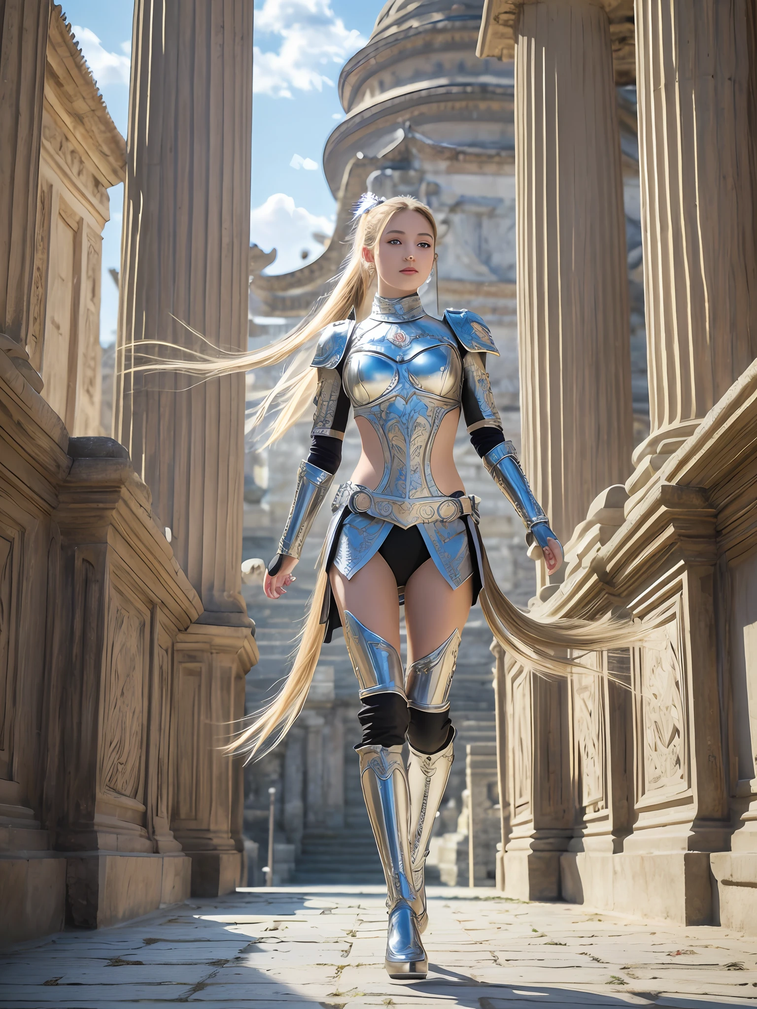 (8K, best quality:1.2), (masterpiece:1.37), (photo, photorealistic:1.37), (ultrahigh-res), full body, walking pose, shot from front, slow motion, female paladin wearing the full body, (light silver armour:1.2),(ornately decorated armor), (insanely detailed, bloom:1.5), (highest quality, Alessandro Casagrande, Greg Rutkowski, Sally Mann, concept art, 4k), (analog:1.2), (high sharpness), (detailed pupils:1.1), detailed face and eyes, Masterpiece, best quality, (highly detailed photo:1.1), (long blonde Hair, ponytail,ecstatic:1.1), (young woman:1.1), sharp, (perfect body:1.1), realistic, real shadow, 3d, (temple background:1.2), (by Michelangelo), photographed by Canan EOS R6, 135mm, 1/1250s, f/2.8, ISO 400
