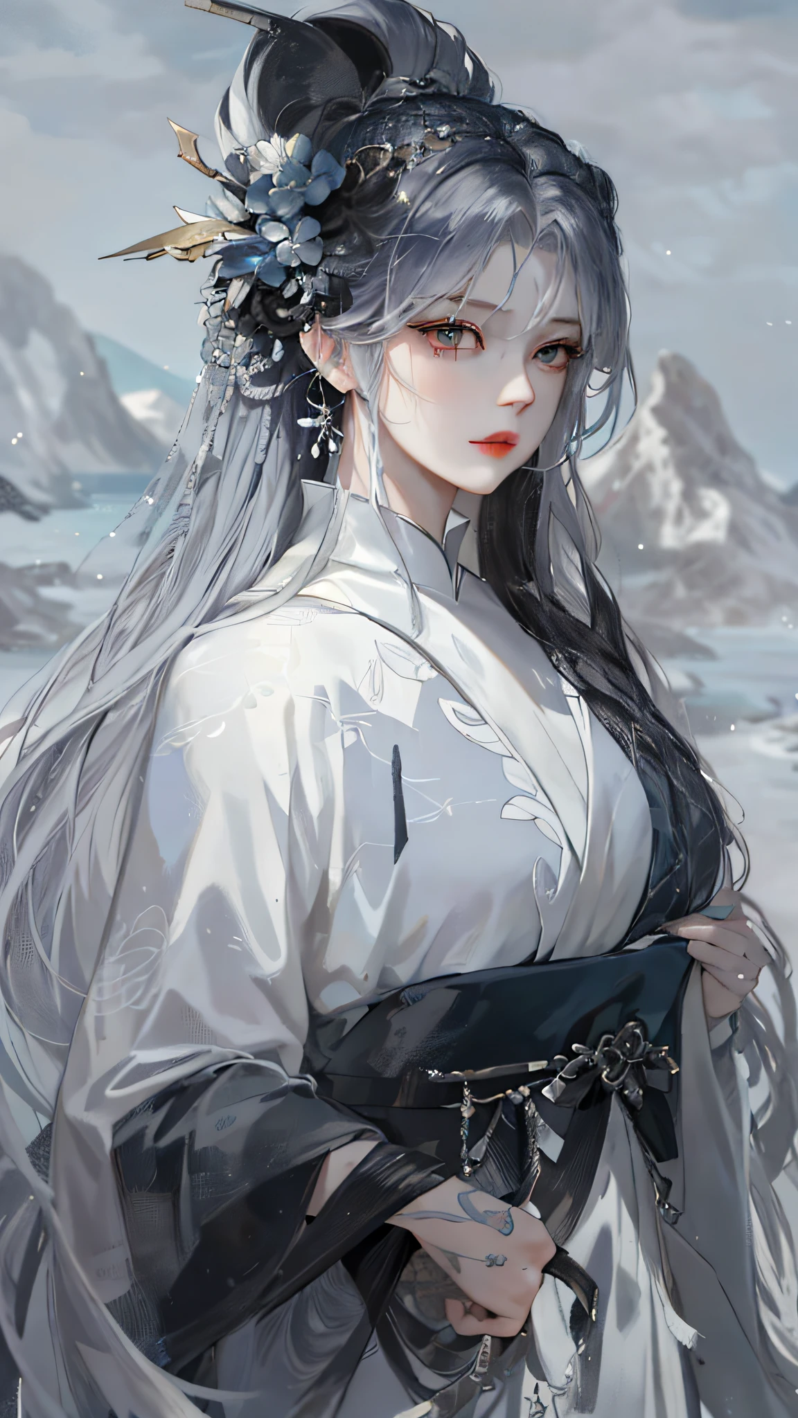 Masterpiece, close-up of a woman with white hair and white mask, beautiful figure painting, Guviz, Guviz style artwork, white-haired god, Yang J, epic exquisite character art, amazing character art, Fan Qi, Wu Zhun Shifan, Gu Vitz in pixiv art station, ancient style, mountains and rivers