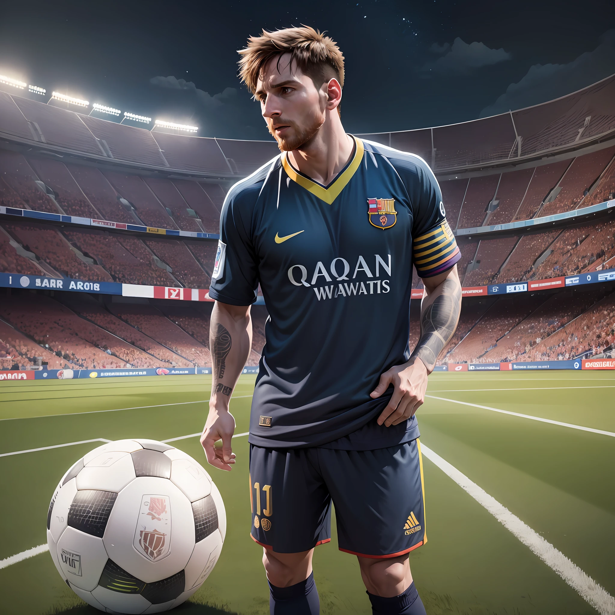 Messi, football stadium scenery, 8K, high definition, detailed face, detailed face, detailed eyes, hyper-realistic, + cinematic plan + dynamic composition, incredibly detailed, sharpness, detail + night with light + perfectionism + award-winning realism ((ambient lighting)) --auto --s2