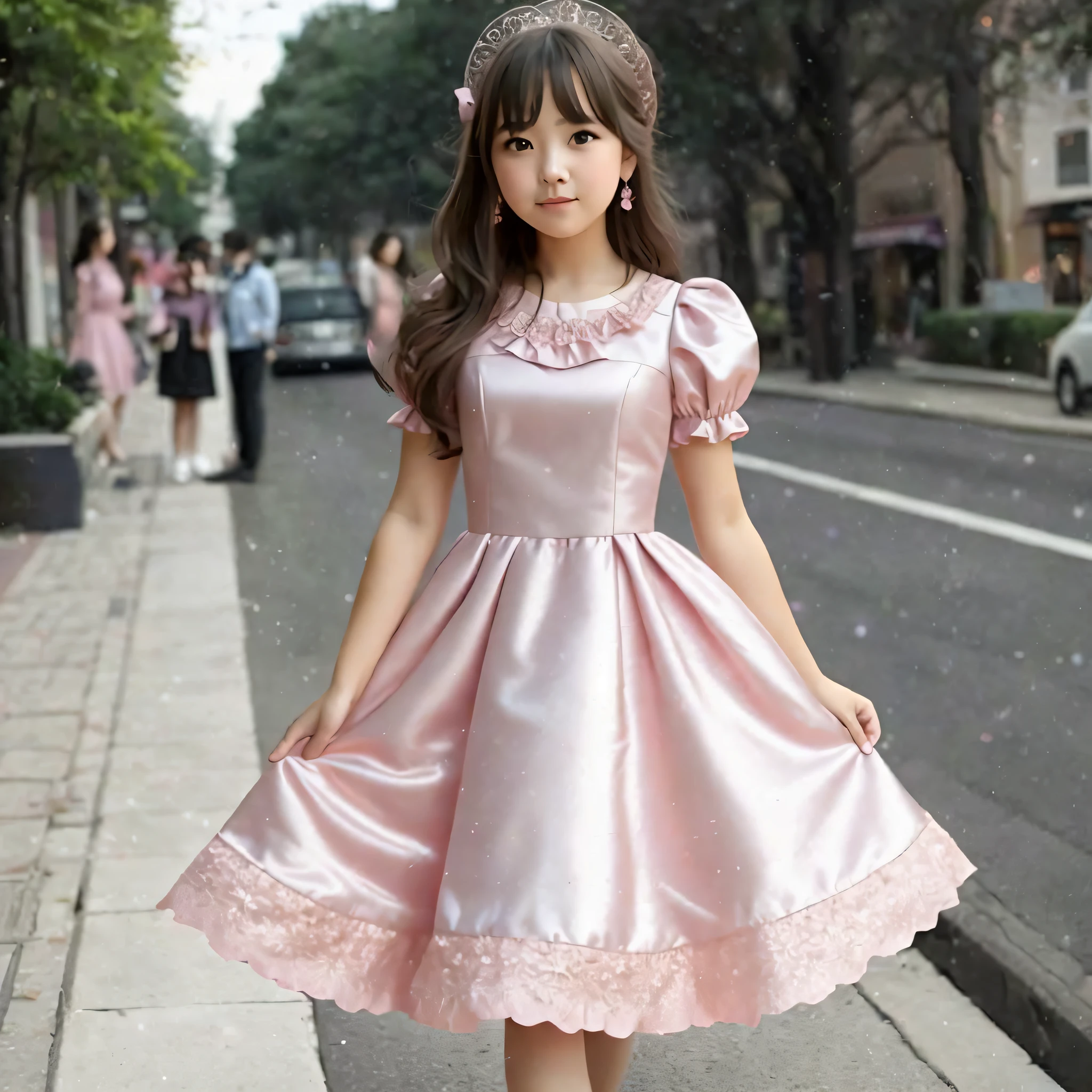 Girl in an araffe in a pink dress standing on the sidewalk, pink dress, romantic dress, pink dress, satin, light pink, cute dress, Lolita style, feminine girly dress, formal dress, Lolita fashion, pink clothes, long pink or violet dress, beautiful silky dress, elegant dress, fashion clothes, soft silk dresses, stylish dresses, hyped skirts