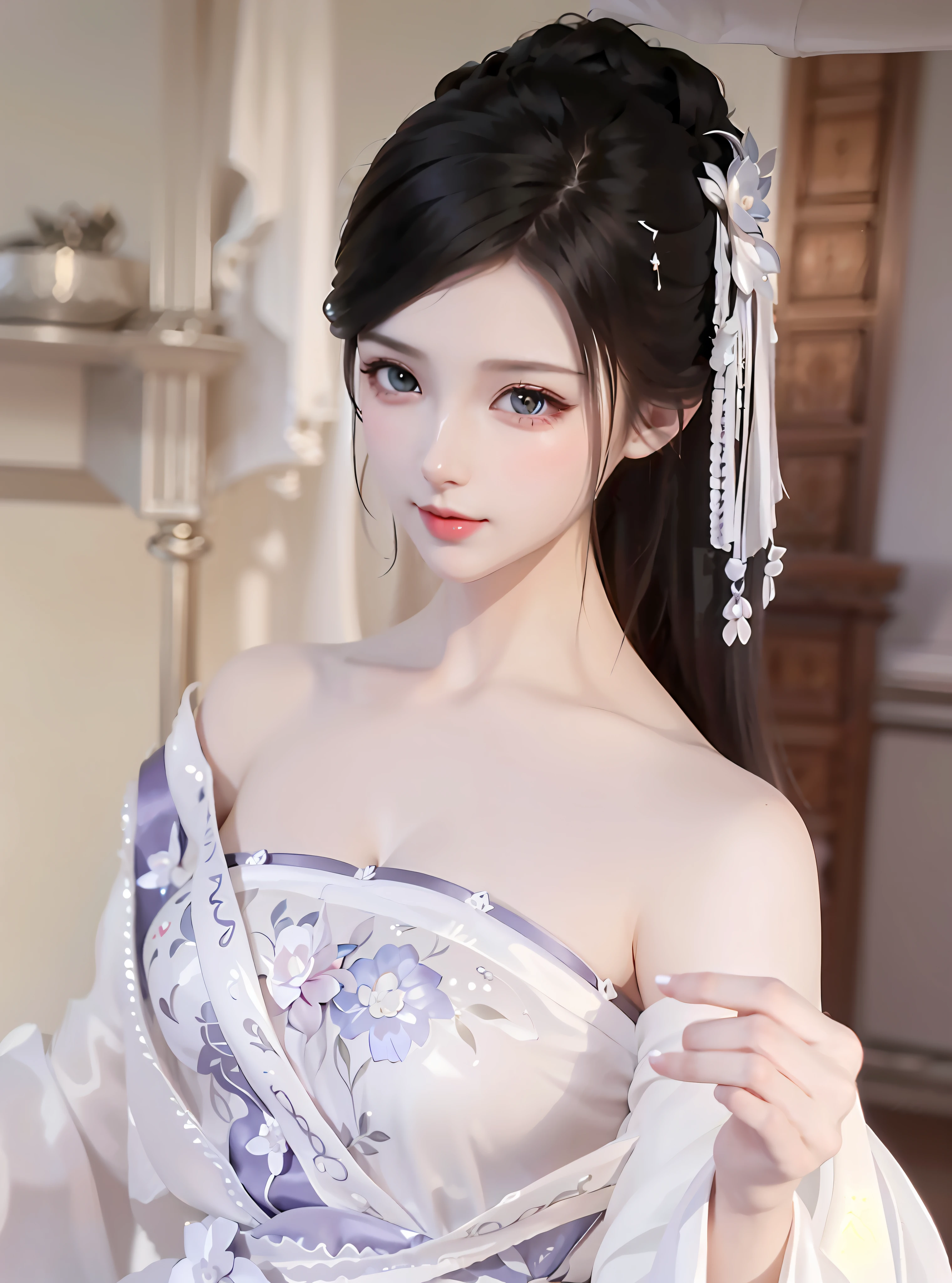 (Masterpiece, Monochrome, Color: 1.0), (Highest Quality: 1.2), (Ultra Quality: 1.1), Masterpiece, Best Quality, (Very Detailed CG Unity 8k Wallpaper), (Best Illustration), (Best Shadow), Plump Big Breasts, Satin Dress, Clear Lines, Exquisite Carved Patterns, Red Lips, Delicate Headdress, Slender Waist, Lace Petals, Outer Shot, Bright Colors, Symmetrical Face, Perfect Skin, Volumetric Light, Stunning Environment, Rich in Detail, Hyper-realistic, intricate hair accessories, cinema lights, bright light, bright colors, bokeh background ,