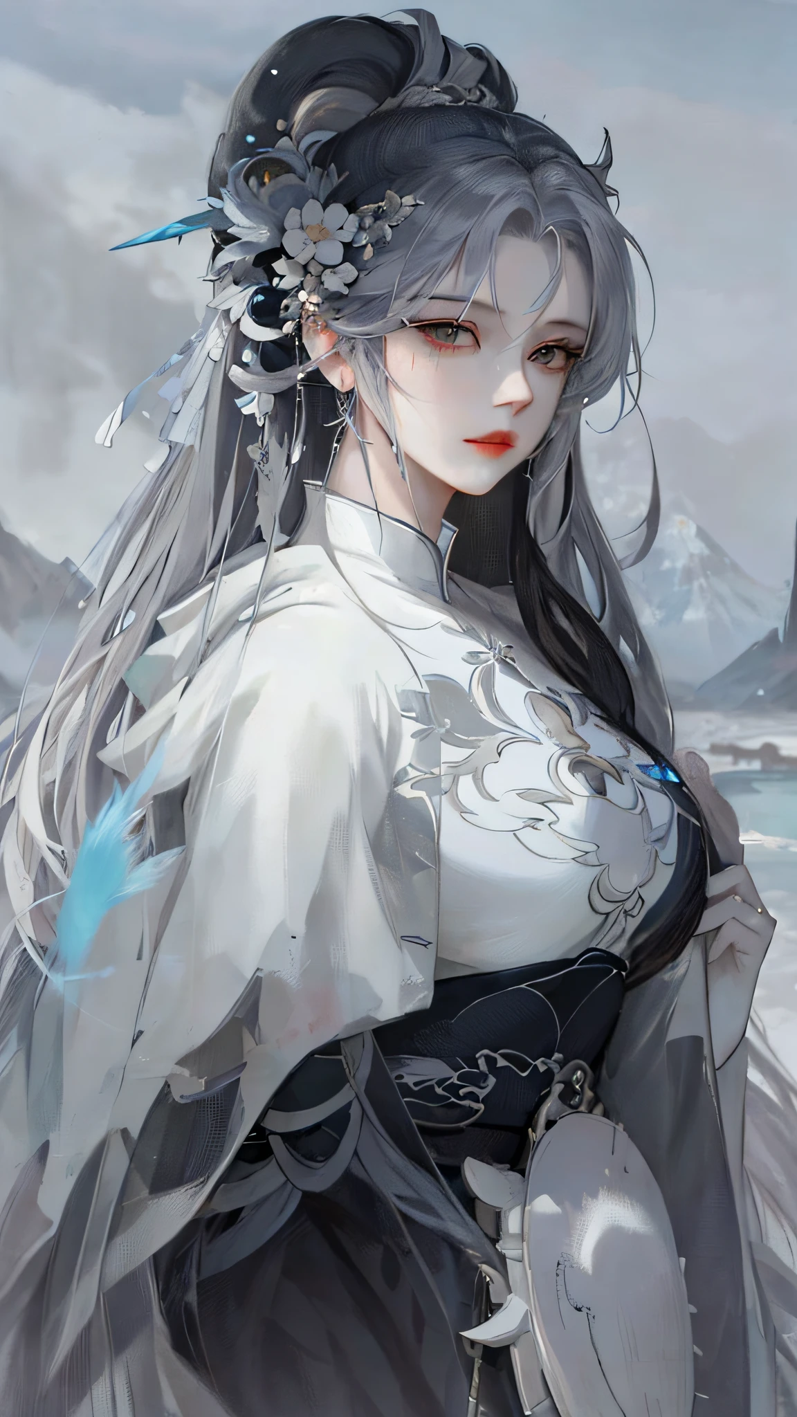 Masterpiece, close-up of a woman with white hair and white mask, beautiful figure painting, Guviz, Guviz style artwork, white-haired god, Yang J, epic exquisite character art, amazing character art, Fan Qi, Wu Zhun Shifan, Gu Vitz in pixiv art station, ancient style, mountains and rivers