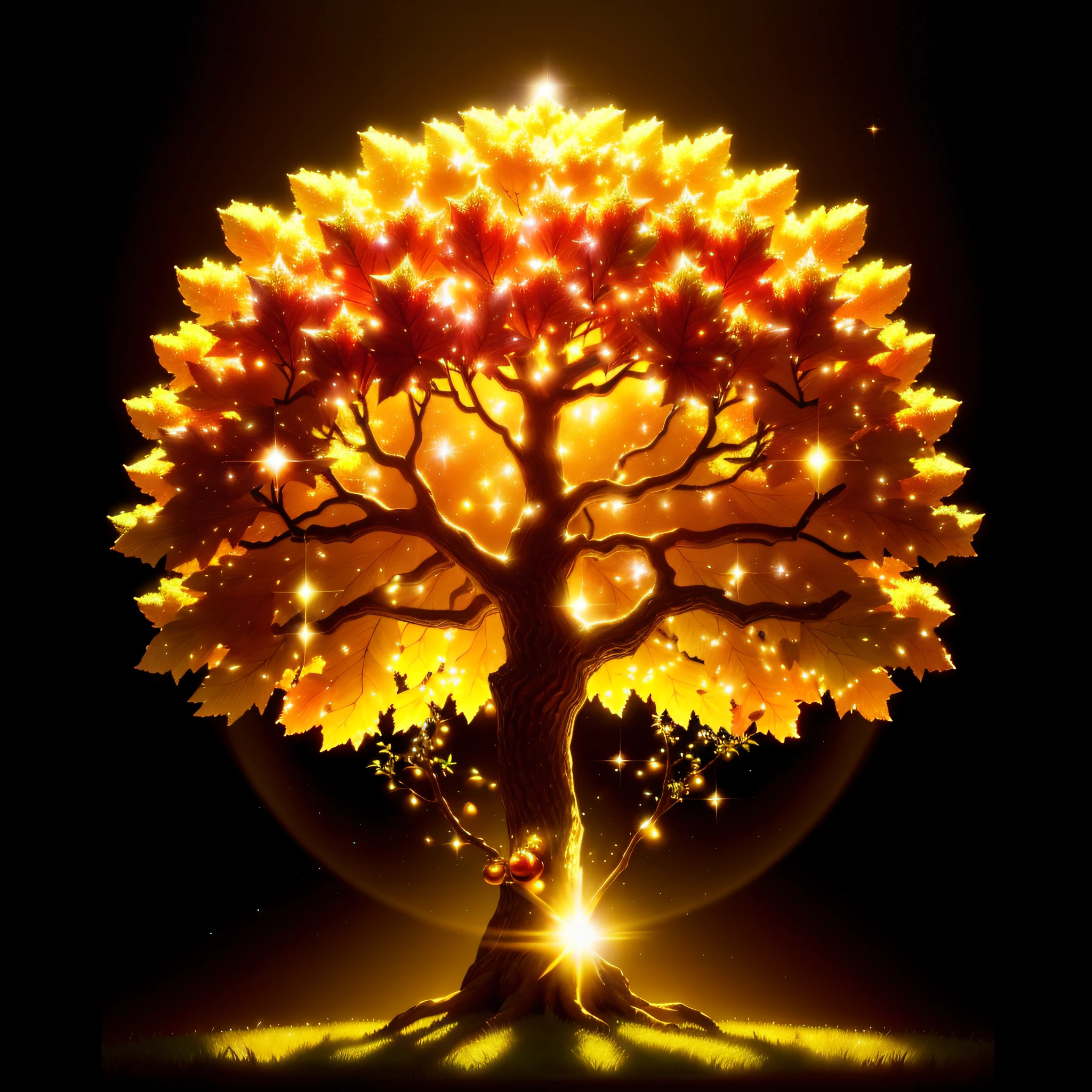 Magical wonder tree that glows in a golden shine. Afternoon. Golden apples are between the leafs. Golden particle in the air. 16k. High resolution