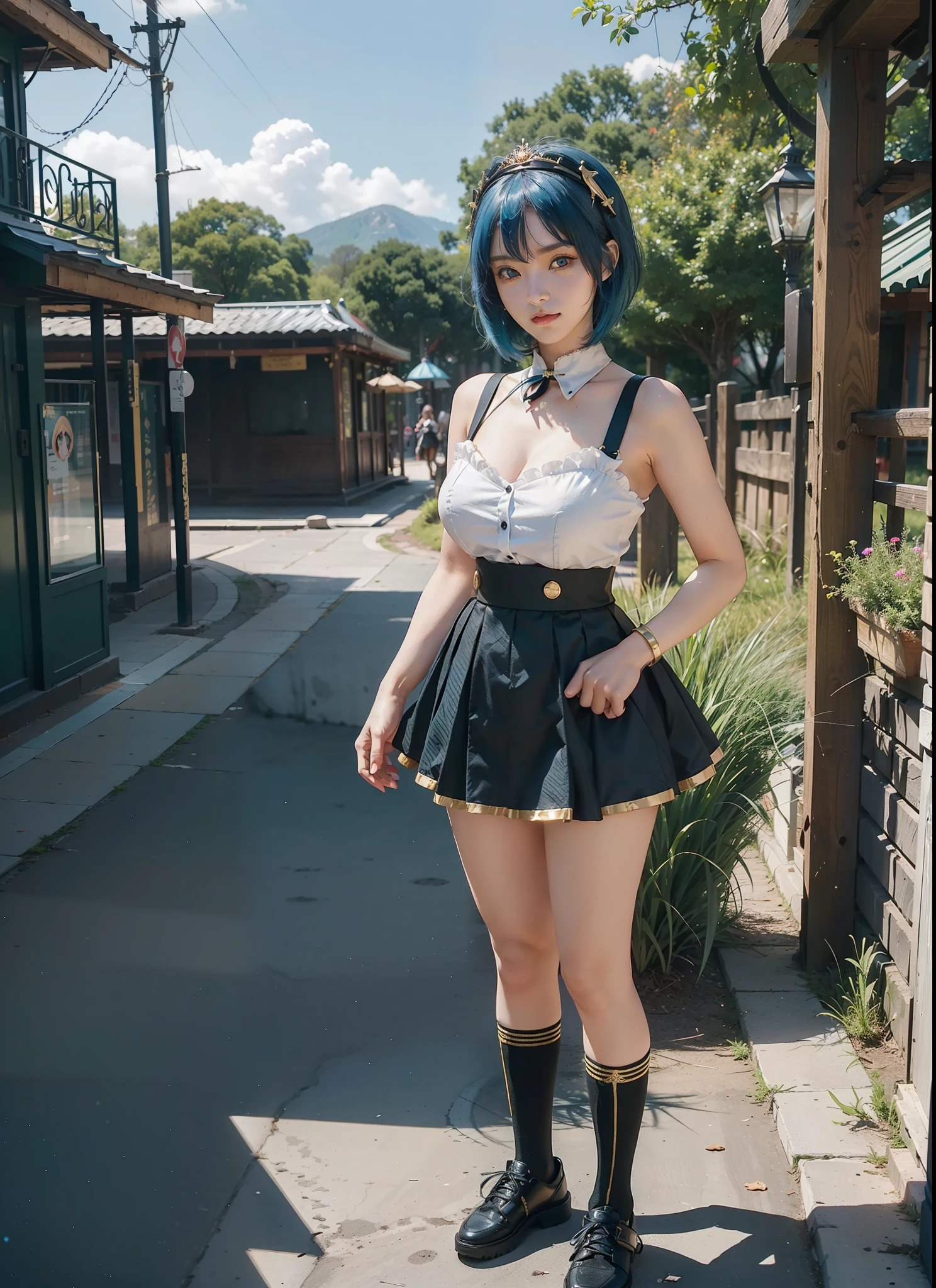 ((Full body photo, standing, standing on the ground)), ((Naiara has giant breasts)), (black with gold pieces/maid's outfit with short skirt and socks with clip on skirt), smile, face with red cheek, she is alone in an amusement park at night with full moon in the sky, she wearing maid's headdress, she has (((short blue hair, green eyes)), closed fists, best resolution, ultra detailed, anime style, masterpiece, 16k, UHD, textured skin, anatomically correct, ccurate
