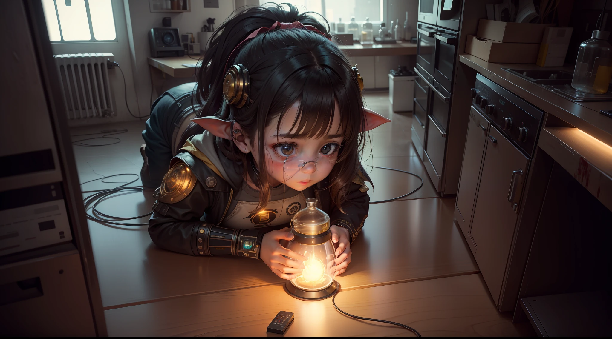 /imagine prompt: illustration of In the laboratory, the cried while holding her father's body, with a little pig standing next to her ,A beautiful little girlears::10, Holding my father's body::15, The ground is covered in blood::15, Father's body::16, weep::16, Golden ratio::5, up view::6, Unreal Engine::10, Cyberpunk light::10, Cinematic light::11, mood lighting::6, Fantasy::6, Cinematic::5, hyper quality::6, Futuristic Robots::2, Steampunk::12 --seed 252441588 --s 400 --q 2 --c 10
