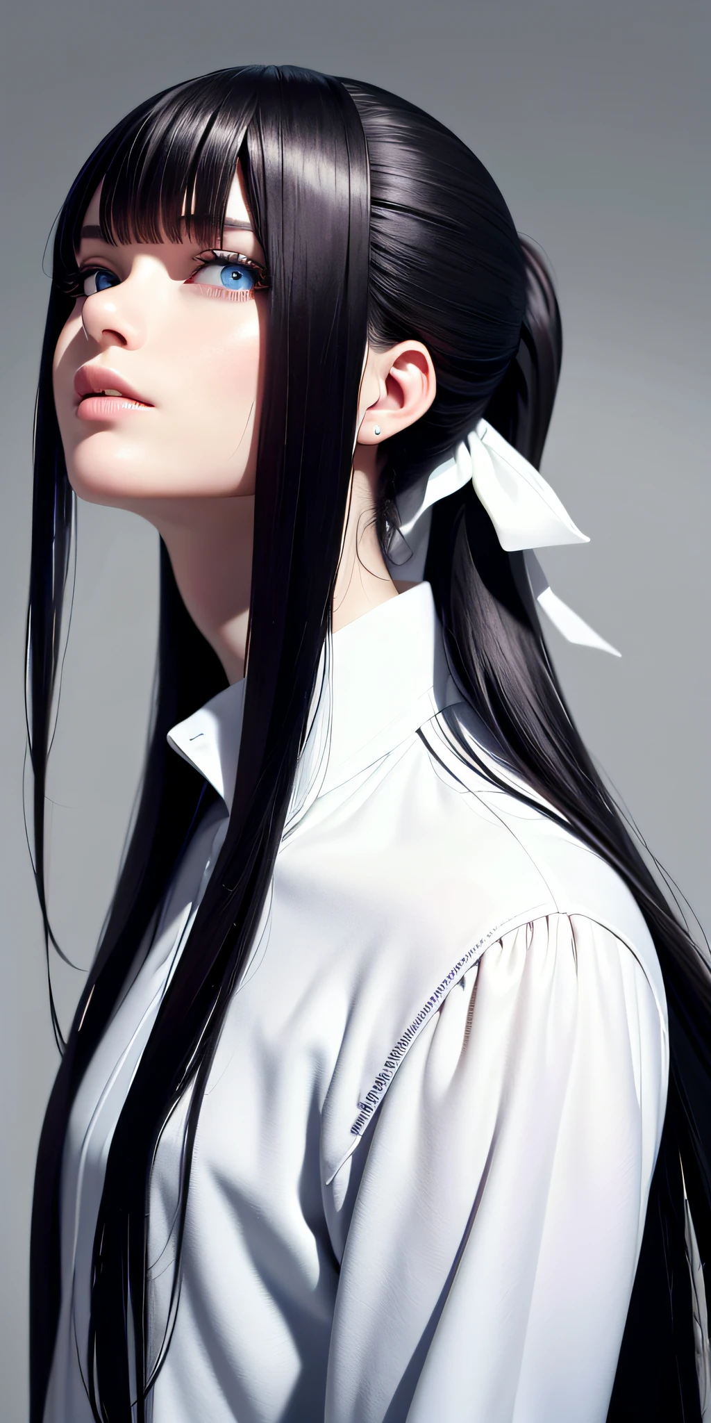 Top quality, masterpiece, black hair, blue eyes, white clothes, looking up, upper body, hair strands, fair skin, ponytail
