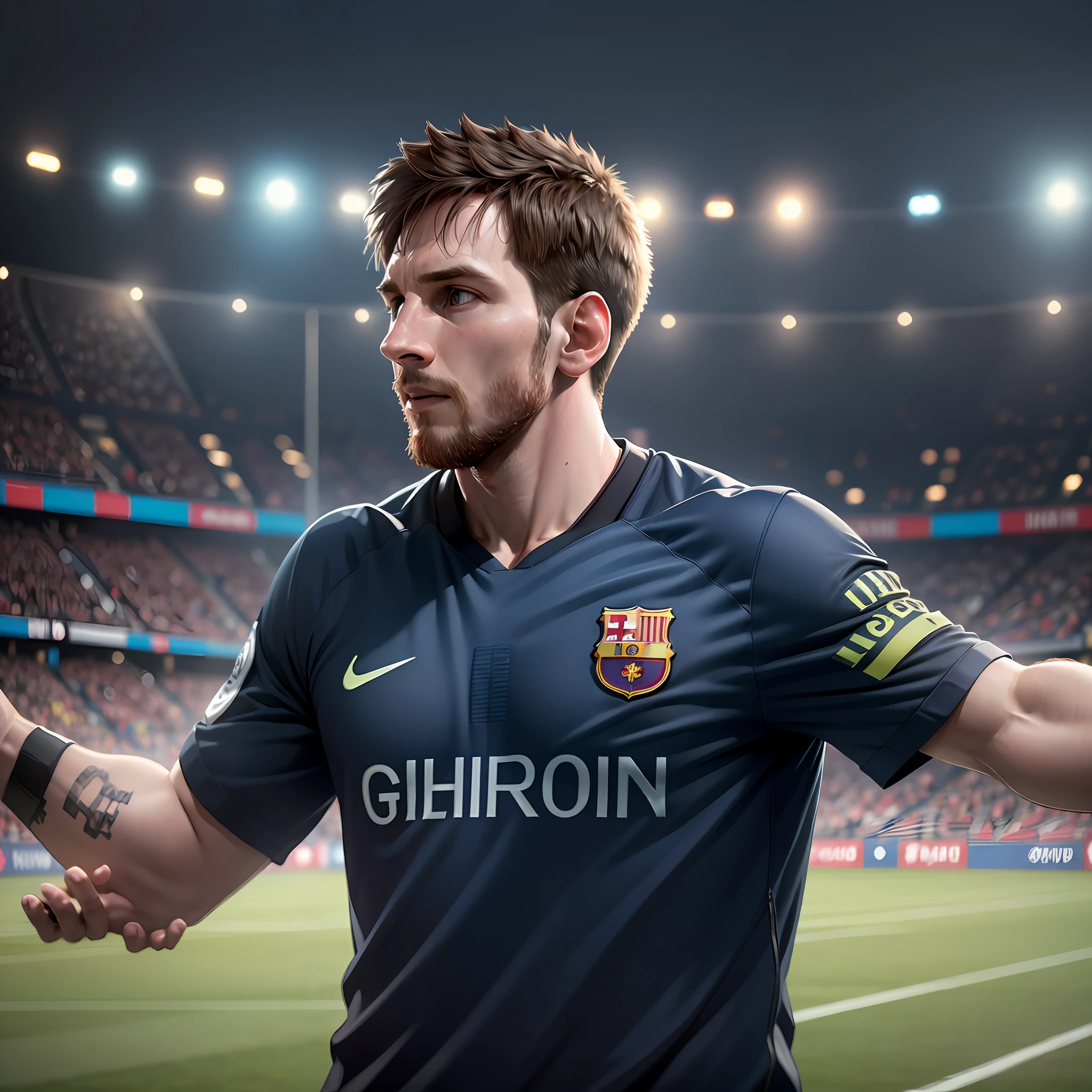 Messi, scenery : football stadium , 8k, high definition, detailed face, detailed face, detailed eyes, hyper-realistic, + cinematic plan + dynamic composition, incredibly detailed, sharpness, details + night with light + perfectionism + award-winning realism ((ambient lighting)) --auto --s2