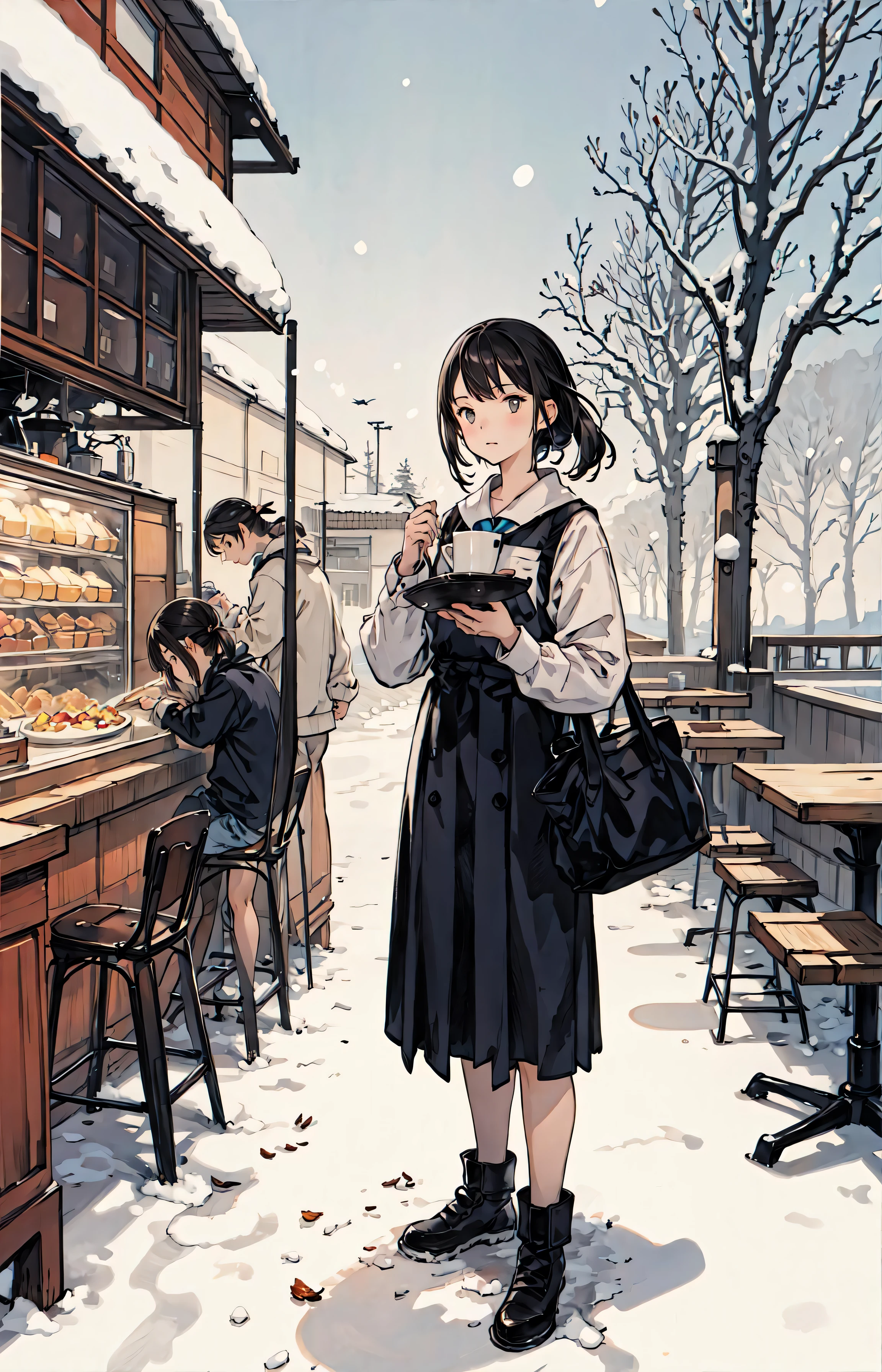 best quality, detailed background, girl,sea, cafeteria, bird, snow, winter,