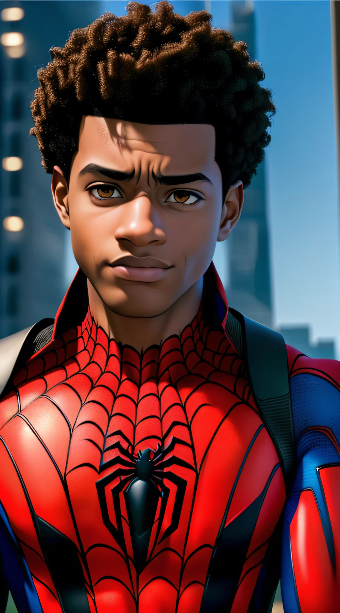 Best quality, masterpiece, high resolution, 1 male, miles morales, spiderman,, curly hair, Tindal effect,ism realism, dark studio, edge light, two-tone light, (high-detail skin: 1.2), 8K UHD, DSLR, soft light, high quality, volumetric light, photo, resolution high 4K,8K, clear background,