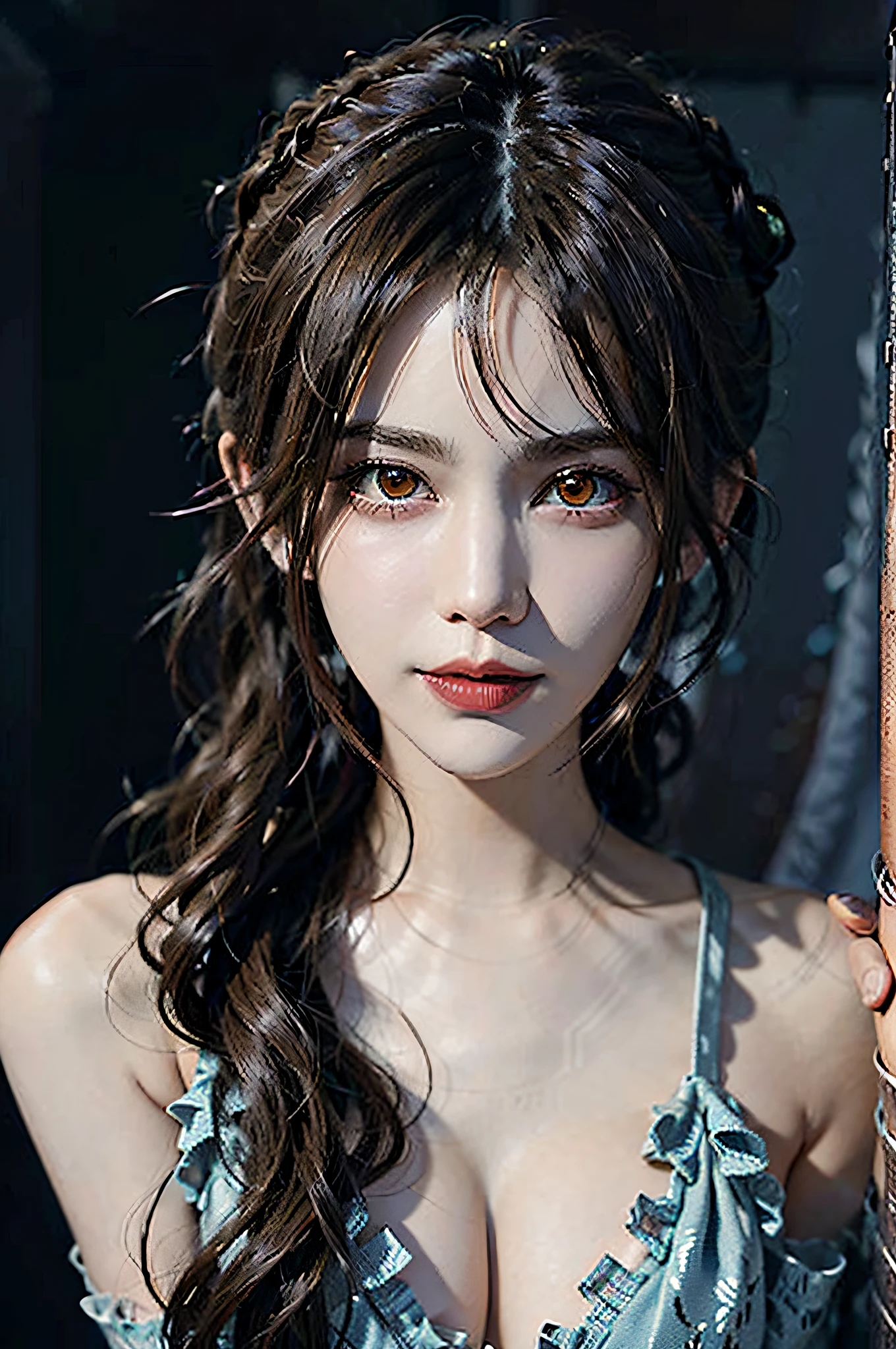 (Front Focus), Female Hyperrealist Portrait, Fantasy Art, Photorealistic Photography, Dynamic Lighting, Volumetric Lighting, Highly Detailed Face, ((with hair bunched up on head)), 8k, Award-winning, 1girl, Pale, White skin, Glowing skin, Detailed skin, ((vampire blue dress)), (red eyes), red lips, hair, dark, deep shadows, low key, closeup, ahoge, bat ears, eye reflection, glowing eyes, evil smile, jewelry, impressionism, masterpiece, {{{masterpiece, best quality, illustration,game_cg}}}, hair bunched up on head, sexy