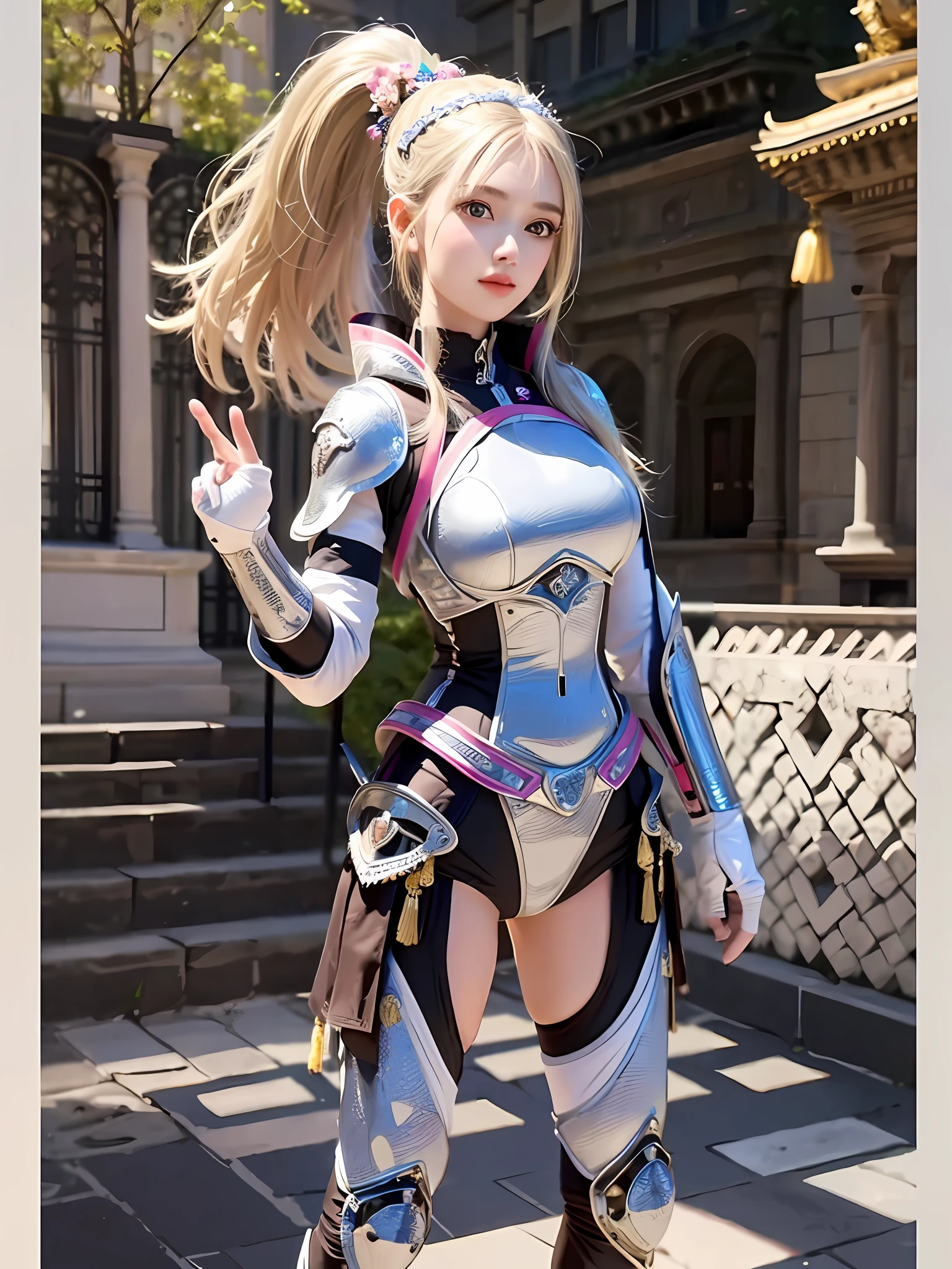 (8K, best quality:1.2), (masterpiece:1.37), (photo, photorealistic:1.37), (ultrahigh-res), full body, walking pose, shot from front, slow motion, female paladin wearing the full body, (light silver armour:1.2),(ornately decorated armor), (insanely detailed, bloom:1.5), (highest quality, Alessandro Casagrande, Greg Rutkowski, Sally Mann, concept art, 4k), (analog:1.2), (high sharpness), (detailed pupils:1.1), detailed face and eyes, Masterpiece, best quality, (highly detailed photo:1.1), (long blonde Hair, ponytail,ecstatic:1.1), (young woman:1.1), sharp, (perfect body:1.1), realistic, real shadow, 3d, (temple background:1.2), (by Michelangelo), photographed by Canan EOS R6, 135mm, 1/1250s, f/2.8, ISO 400