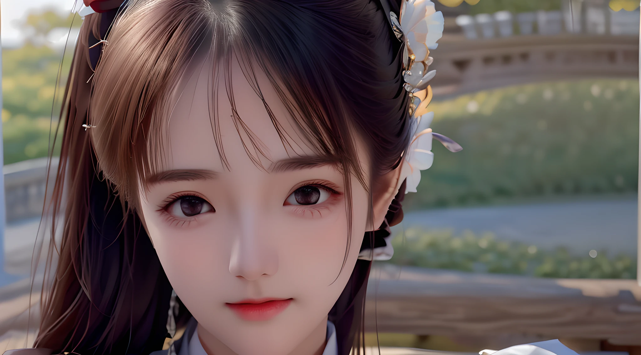 A girl, perfect facial features, single ponytail, skinny face, slim, loli, best quality, masterpiece, high resolution, 1girl, woman in period costume, hair accessories, necklaces, jewelry, pretty face, physically, tyndall effect, realistic, shadow studio, edge lighting, two-color lighting, (high detail skin: 1.2), 8k UHD, dslr, soft light, high quality, volumetric light, candid photo, high resolution, 4k, 8k, background blur,