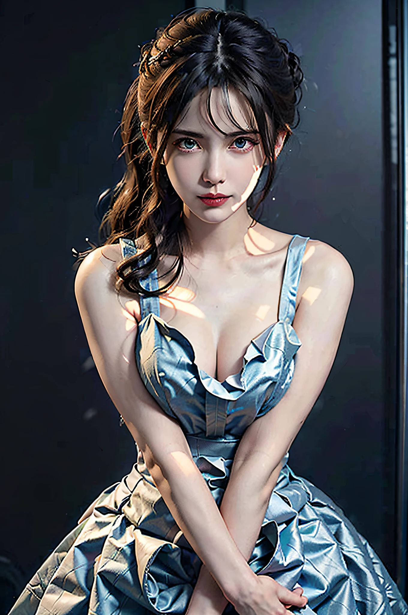 (Front Focus), Female Hyperrealist Portrait, Fantasy Art, Photorealistic Photography, Dynamic Lighting, Volumetric Lighting, Highly Detailed Face, ((with hair bunched up on head)), 8k, Award-winning, 1girl, Pale, White skin, Glowing skin, Detailed skin, ((vampire blue dress)), (red eyes), red lips, hair, dark, deep shadows, low key, closeup, ahoge, bat ears, eye reflection, glowing eyes, evil smile, jewelry, impressionism, masterpiece, {{{masterpiece, best quality, illustration,game_cg}}}, hair bunched up on head, sexy