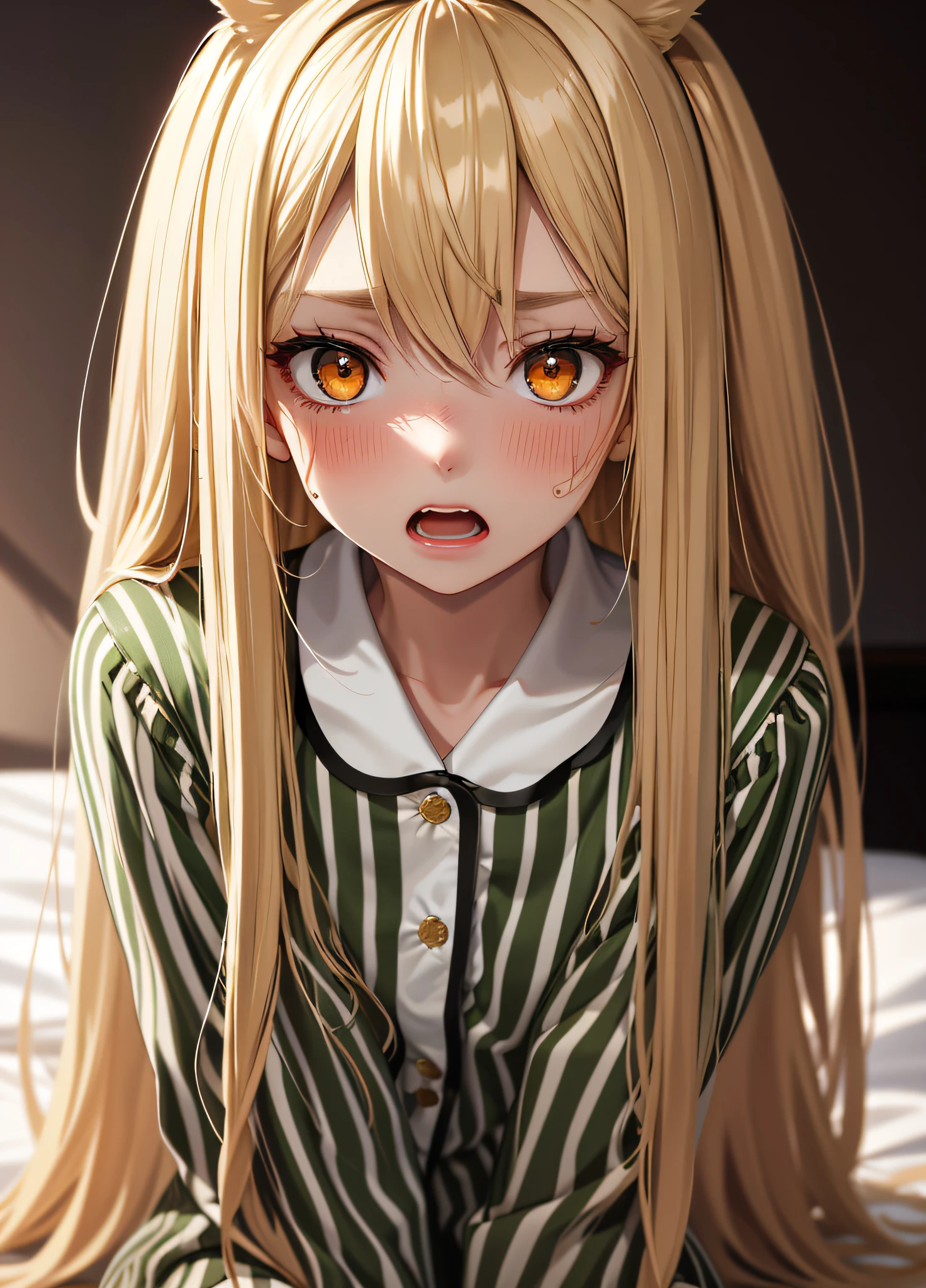 Masterpiece, (highest quality), alone, (young woman), solo, blonde long straight hair, big, dog ears, (golden eyes), (pajamas with green and white stripes), close-up image of face, looking distressed, screaming, red cheeks, very sweaty, (((very dark)), (midnight room))), on the bed