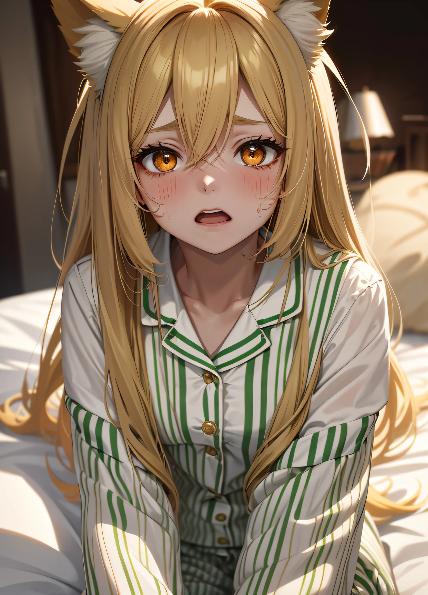 Masterpiece, (highest quality), alone, (young woman), solo, blonde long straight hair, big, dog ears, (golden eyes), (pajamas with green and white stripes), close-up image of face, looking distressed, screaming, red cheeks, very sweaty, (((very dark)), (midnight room))), on the bed