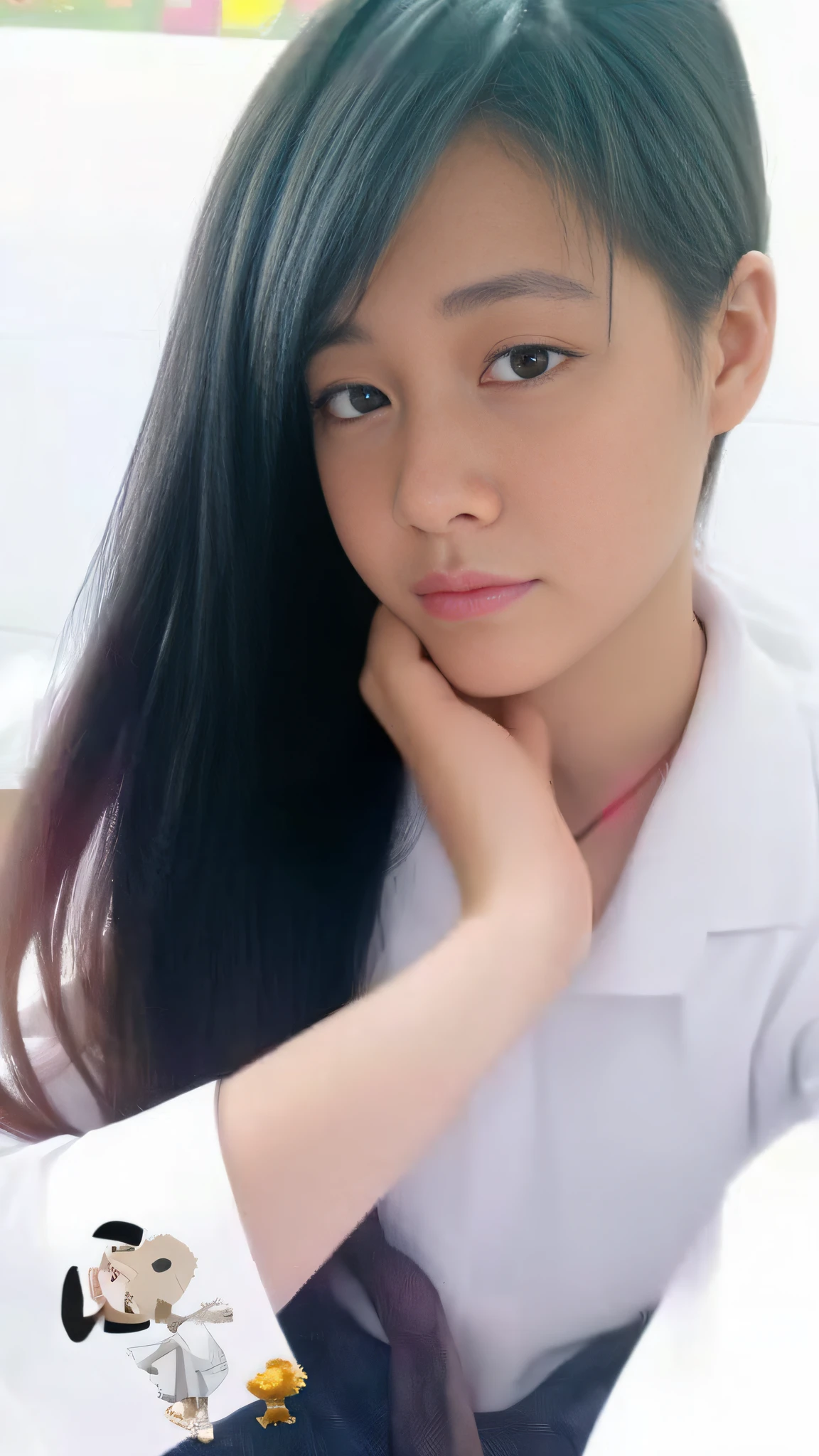 there is a woman with long hair sitting on a bed, zmonzheng, 18 years old, xintong chen, wearing lab coat and a blouse, 1 8 yo, student, chinese girl, 19-year-old girl, 2 , 21 years old, 1 6 years old old, with long