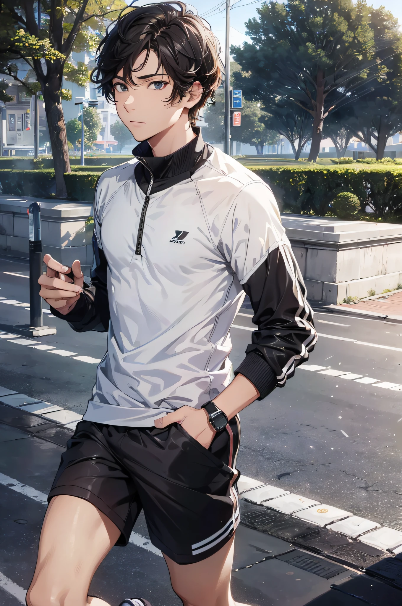 (absurdres, highres, ultra detailed), masterpiece, best quality, a boy jogging, solo, handsome, very short hair, finely eye, detailed face, detailed hair, full body, public park is background, from side, look away