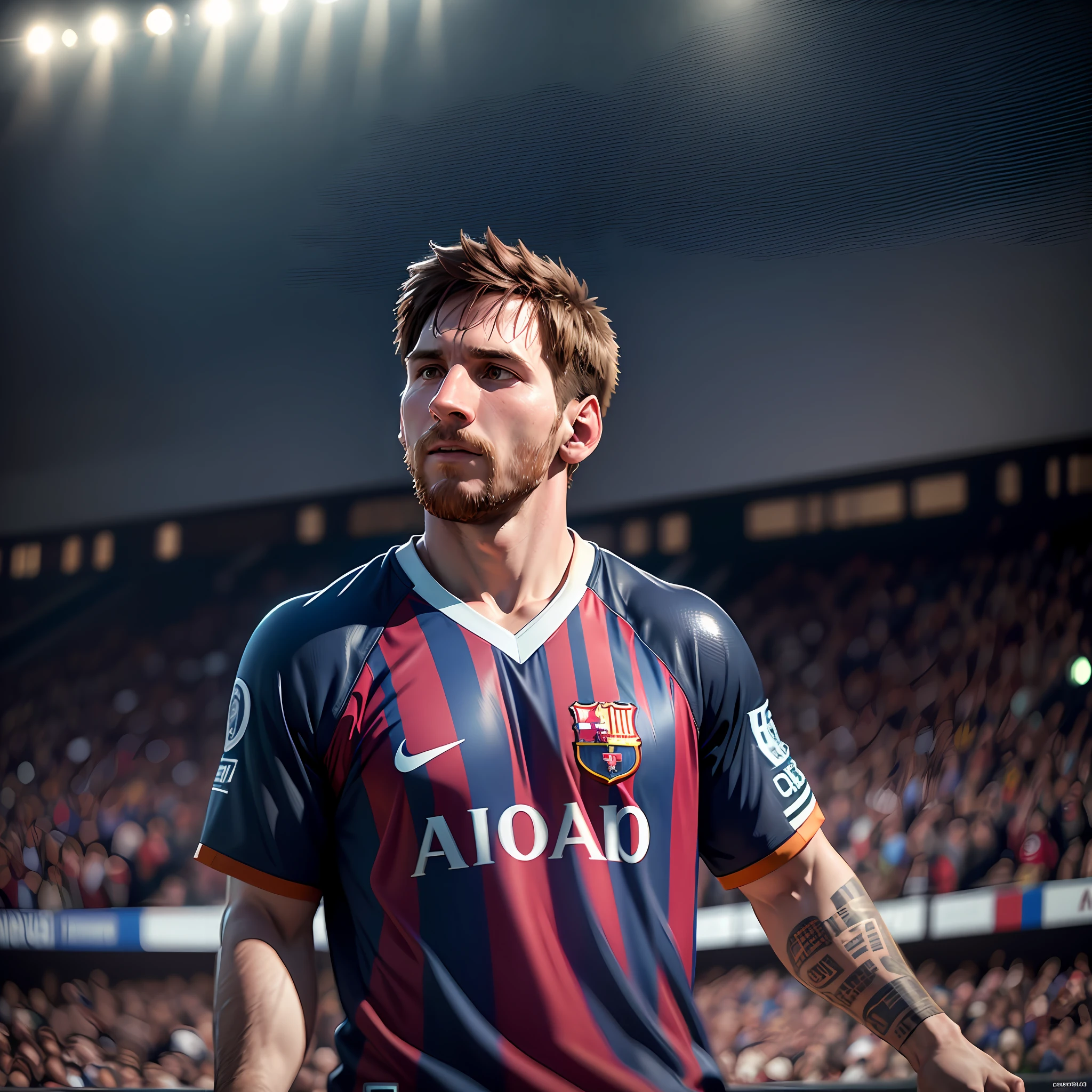 Messi, scenery : football stadium , 8k, high definition, detailed face, detailed face, detailed eyes, hyper-realistic, + cinematic plan + dynamic composition, incredibly detailed, sharpness, details + night with light + perfectionism + award-winning realism ((ambient lighting)) --auto --s2