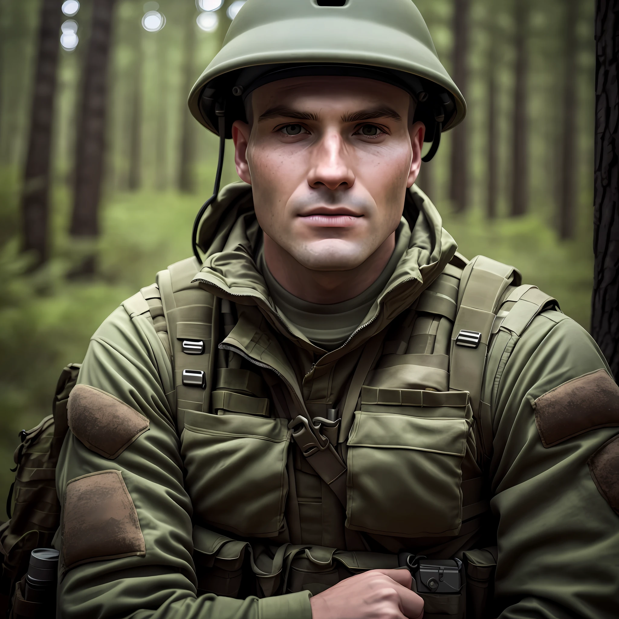 Face of a soldier in the forest, best quality, super realistic